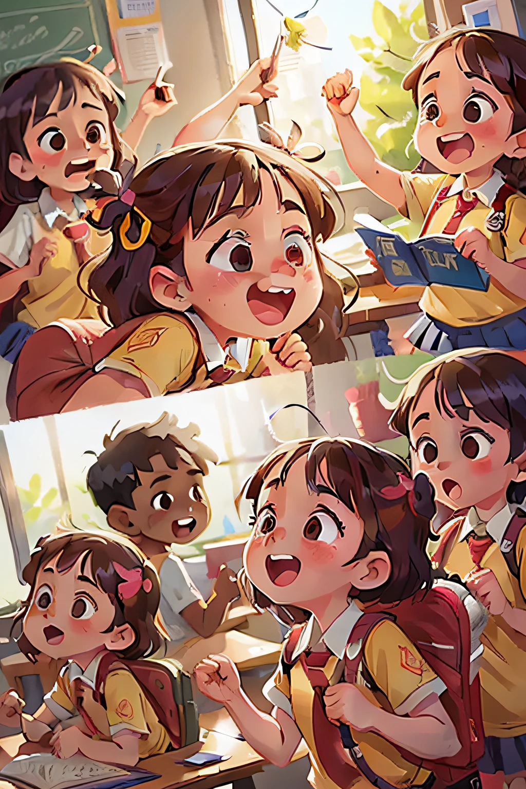several kids exciting at school, cheering