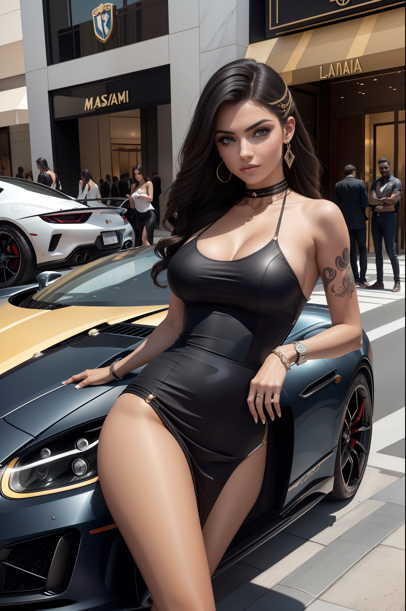 (obra maestra) (La mejor calidad) A beautiful young woman travels in a hypersports car with high displacement and beautiful lines.. La chica es muy bonita y lleva un vestido glamoroso y juvenil, Pero tiene un aspecto rebelde con tatuajes y cadenas de oro alrededor de su cuello.. El coche se ve perfecto y es de un estilo de lujo italiano moderno en la gama de coches hiperdeportivos.. They're parked on a Hollywood street of luxury shopping. Perfect professional photography. High-end DSLR camera.