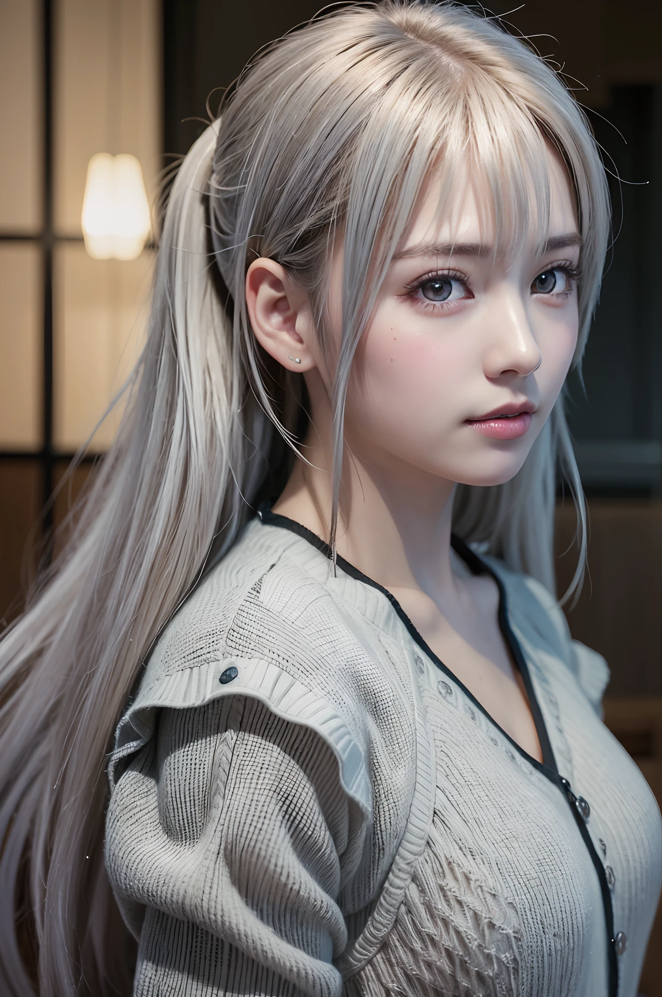 top-quality、8K Masterpiece、超A high resolution、(Photorealsitic:1.3)、Raw photo、***1人、silver white hair、poneyTail、glowy skin、1 super beautiful college girl、((super realistic details))、portlate、globalillumination、Shadow、octan render、8K、ultrasharp、highly intricate detail、Realistic light、CGSoation Trends、Beautiful eyes、radiant eyes、Facing the camera、