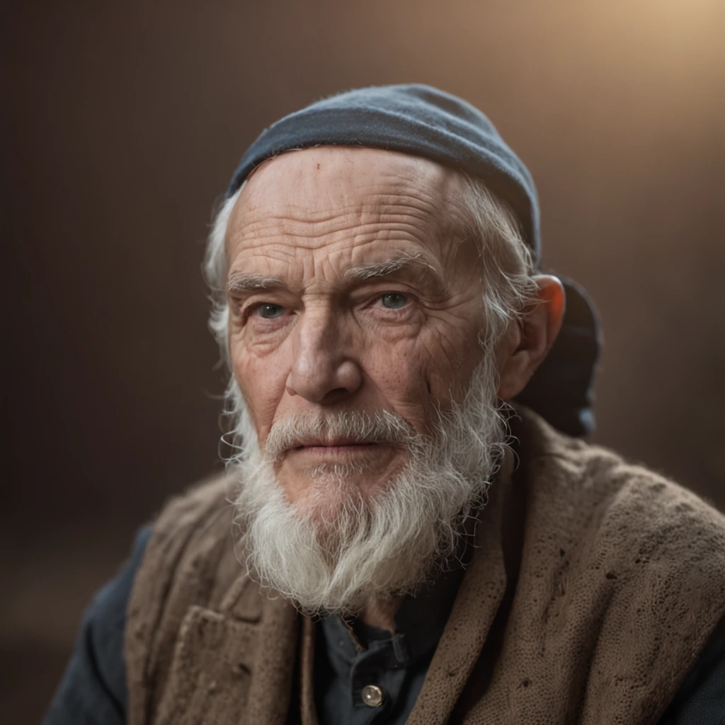 A portrait of a wizard, bearded, wrinkled, aged, with piercing eyes, detailed face, high details, photography, studio dark, rim light, Nikon D850, 50mm, f/1.4