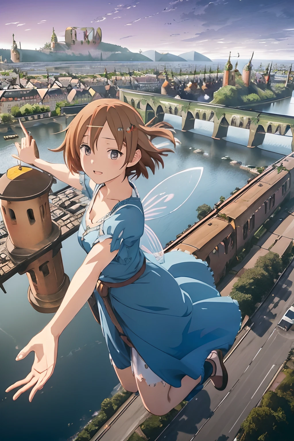 2nd anime, Early morning, sunrise light, Aerial view, (background is Heidelberg:2.0), a girl is flying astride on broom in the sky high, the girl is 16yo Japanese, her expression is determined, her beautiful and cute face, she is wearing simple blue dress, a storybook illustration by Hayao Miyazaki, pixabay contest winner, fantasy art, stunning 3d render of a fairy, two legs, five fingers, two arms