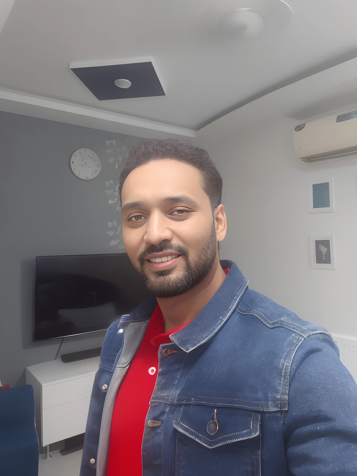 there is a man standing in a room with a television and a red shirt, 8k selfie photograph, very very low quality picture, khyzyl saleem, professional profile picture, emad mostaque, kyza saleem, enes dirig, riyahd cassiem, 4 0 years old man, ash thorp khyzyl saleem, without beard