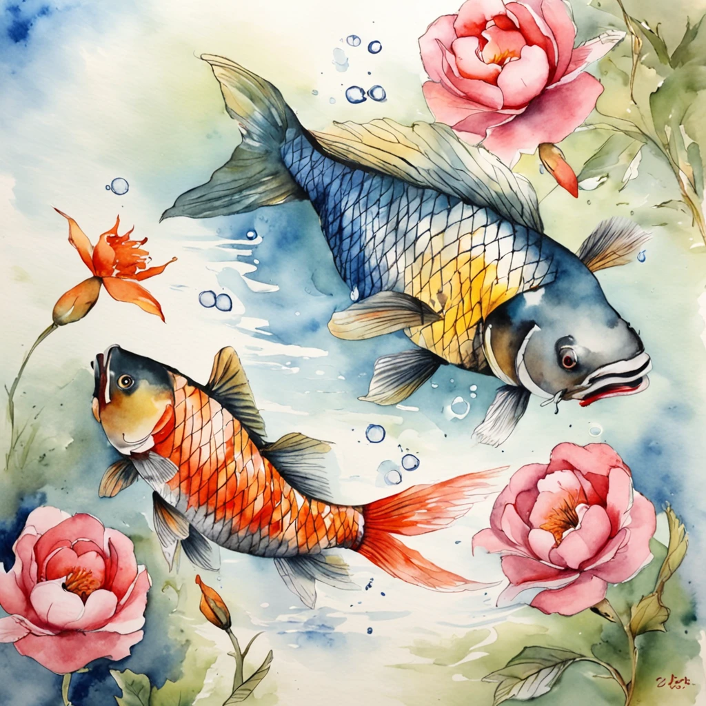 Carp in the art Carp swimming in the pond Carp in ink painting