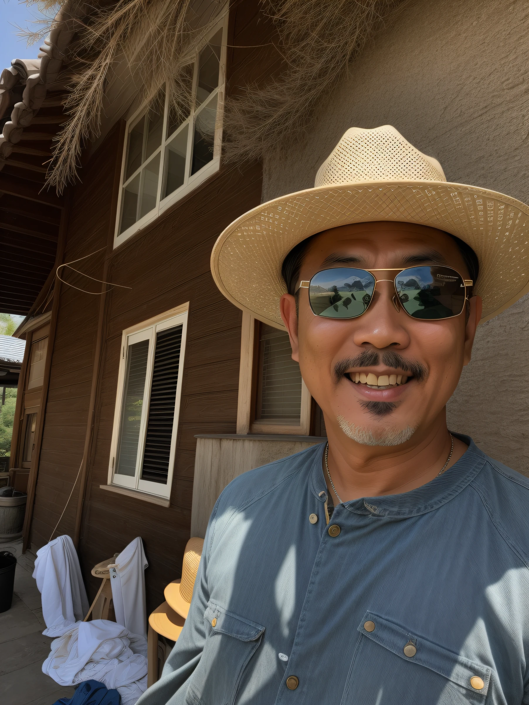 Handsome Chinese man in cowboy hat and sunglasses standing in front of the house, 4 0 years old man, Wear a western cowboy hat, wears sunglasses，Sunglasses all black and hat, Laughing with white teeth，thawan duchanee, shot on nikon z9, 5 0 years old man, he is about 5 0 years old, he is about 50 years old，His sunglasses are black。