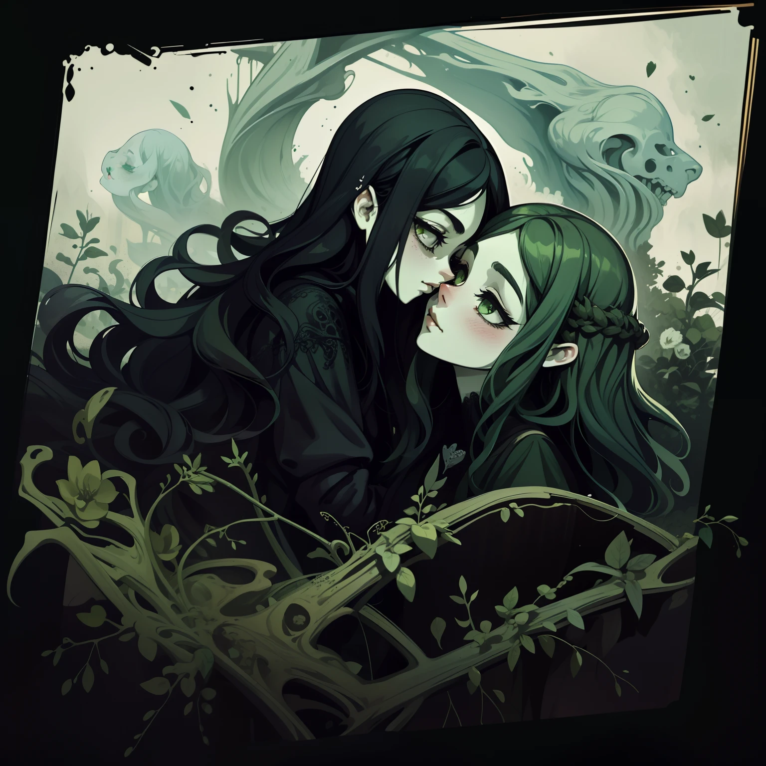 adesivo, fundo simples, portrait, 2 girls, couple, kissing, girl with long hair, beautiful gothic girl, gothic aesthetic, beautiful girl, very beautiful fantasy art, beautiful and elegant female gothic, beautiful detailed fantasy, black and green color palate, green color-theme