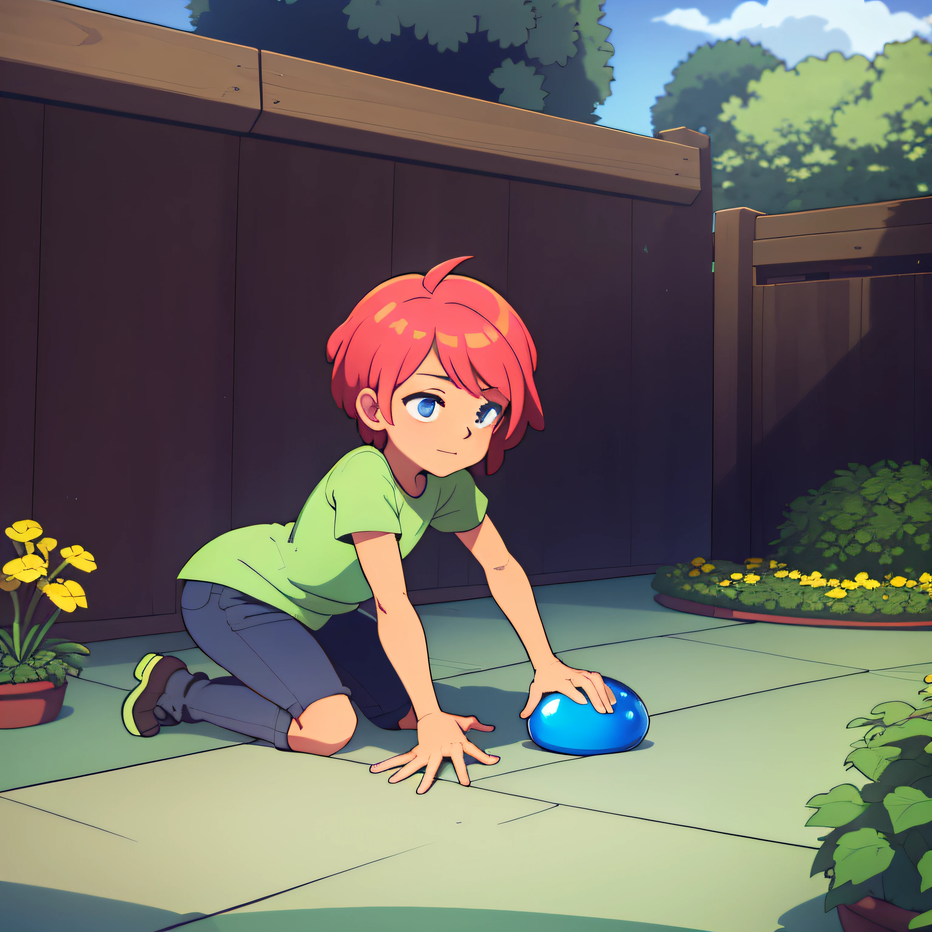 imagem colorida de um jardim em HD, with a boy looking at a shiny round object on the floor