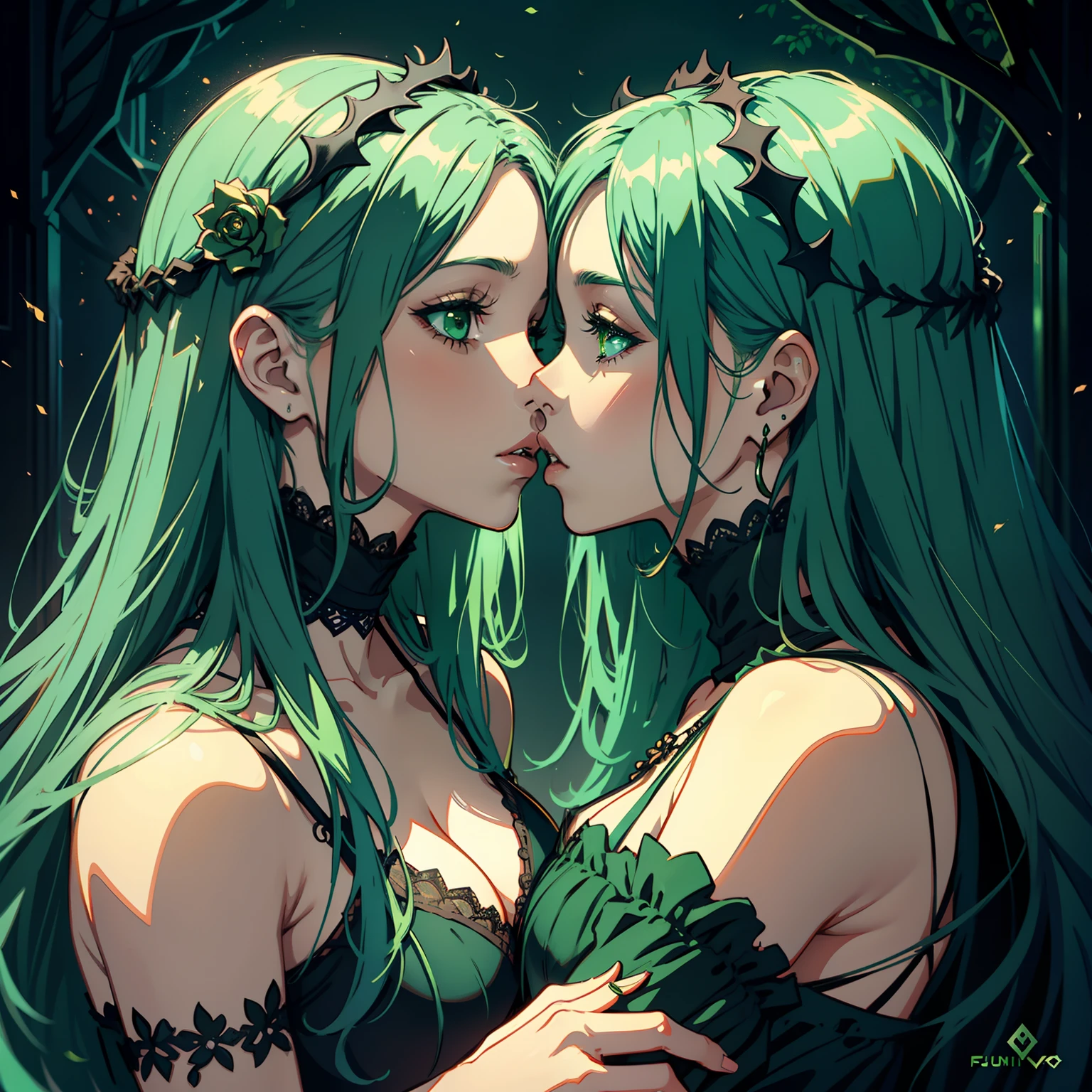adesivo, fundo simples, portrait, 2 girls, couple, kissing, girl with long hair, beautiful gothic girl, gothic aesthetic, beautiful girl, very beautiful fantasy art, beautiful and elegant female gothic, beautiful detailed fantasy, black and green color palate, green color-theme