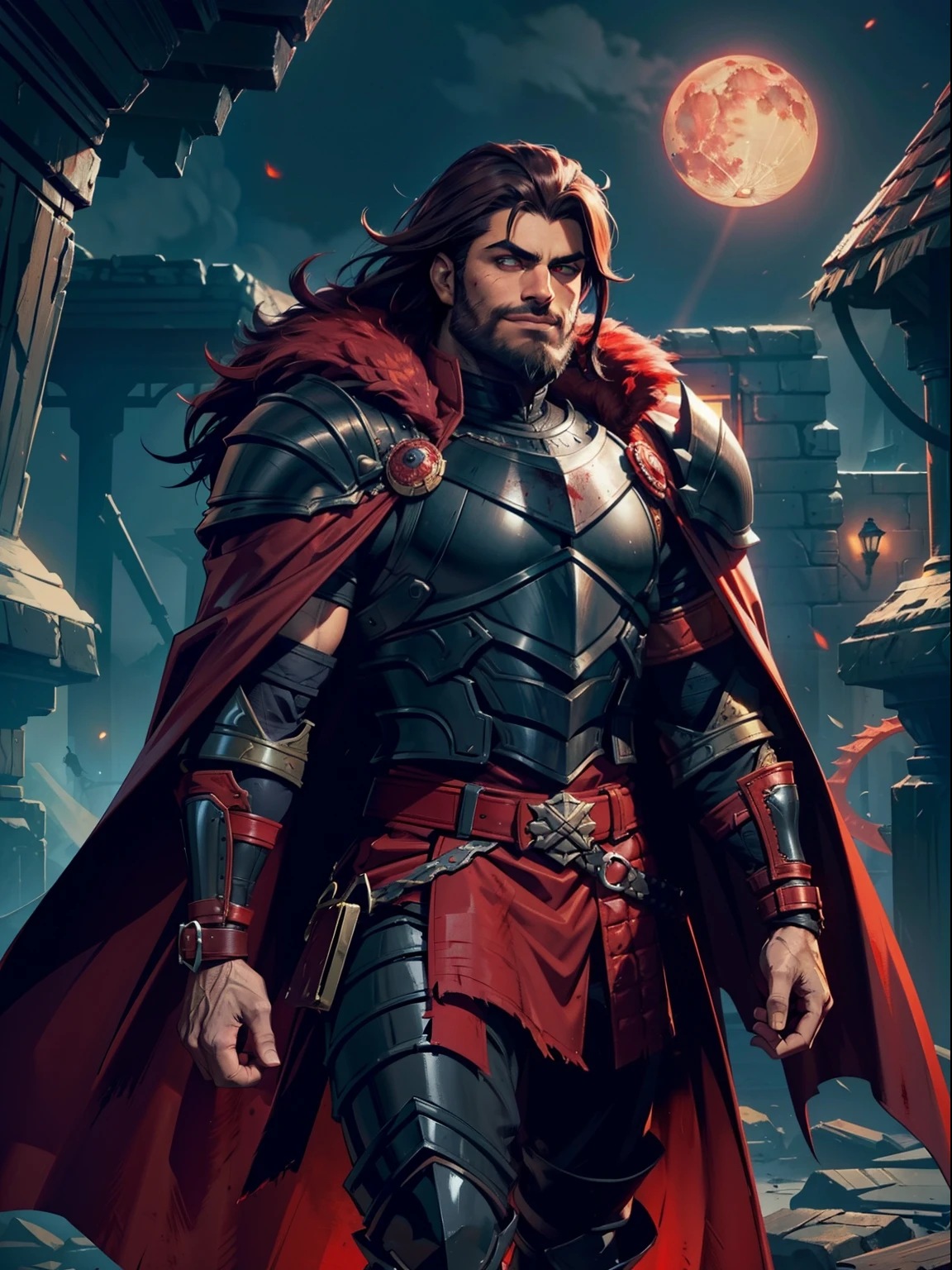 Dark night blood moon background, Darkest Dungeon style, walking. Sadurang from Marvel, hunk, buffed physics, short mane hair, mullet, defined face, detailed eyes, short beard, glowing red eyes, dark hair, wily smile, badass, dangerous. Wearing full armor with red dragon scales, cape of furs.