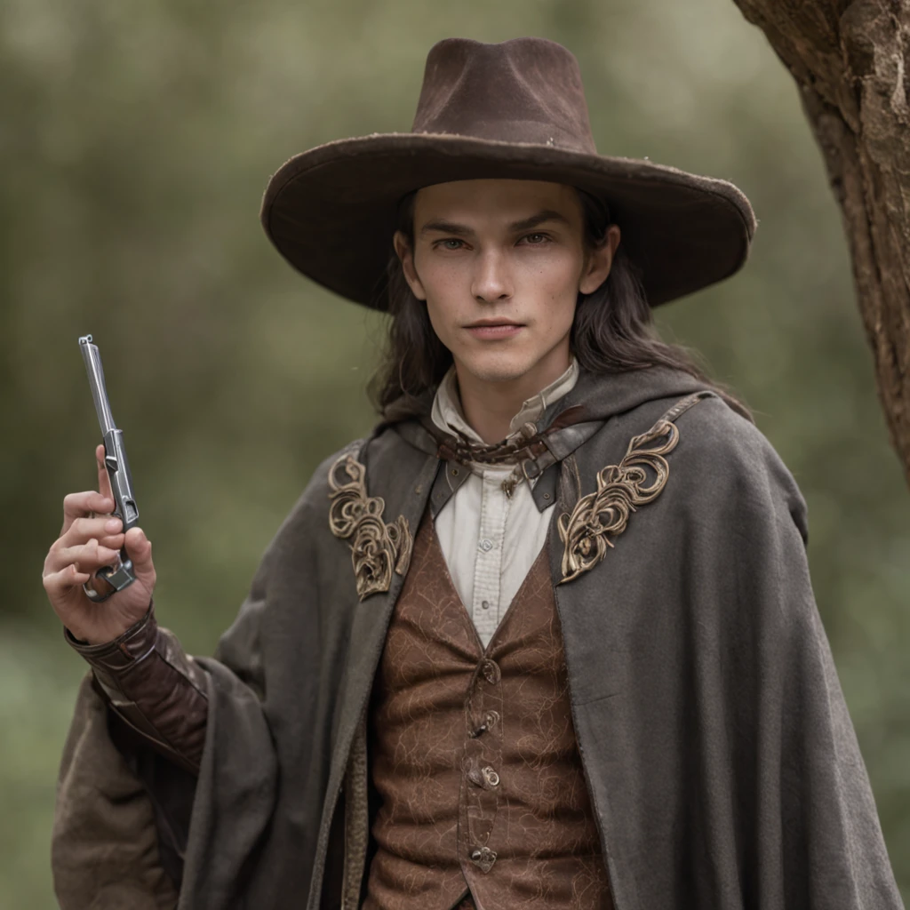 A high elf, gunslinger, wearing a cloak of the hide of a slain monster, with a duster hat, kind of like a cowboy, but in the d&d world