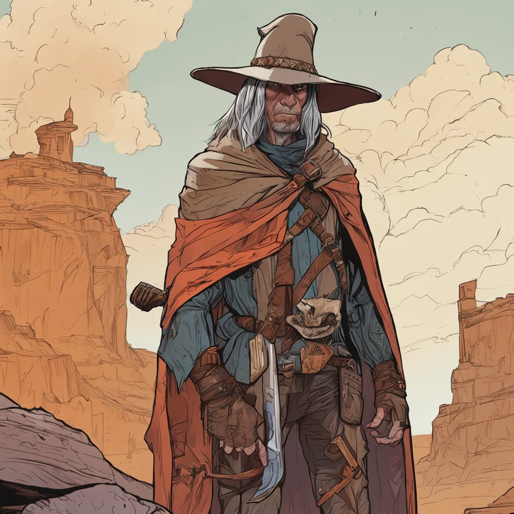 A high elf, gunslinger, wearing a cloak of the hide of a slain monster, with a duster hat, kind of like a cowboy, but in the d&d world