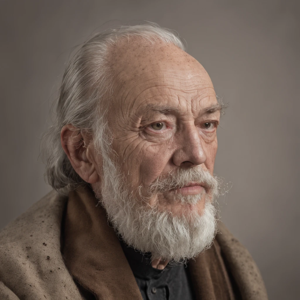 Portrait of a Wise Philosopher, bust, bearded, wrinkled, aged, with piercing eyes, detailed face, high details, photography, studio dark, light edge, Nikon D850, 50mm, f/1.4