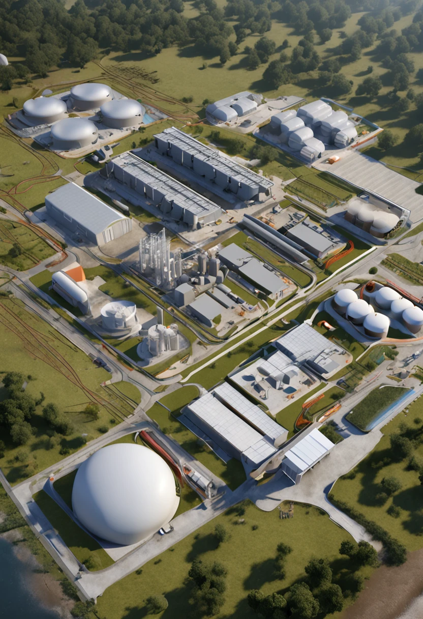 architectural render, Realistic rendering of a large industrial plant with many tanks, Treatment plant with circular aerobic tanks, Detailed 3D realistic illustration, Lumiun renderizar, Rendering aerial view, isometric vision, a shed in metal structure, lagoas retangulares ao redor com esgoto marrom, Grouped circular metal tanks, pequenos cubos que devem ser transformados em casas sem telhado, ruas ao redor dos elementos, grama verde baixa, High detail rendering, photo rendering, a 3D aerial photograph, digital render, renderizado, fotorrealismo mais detalhado, super detailed rendering, Processados, foto 8k super detalhada, 3D axonometric aerial view