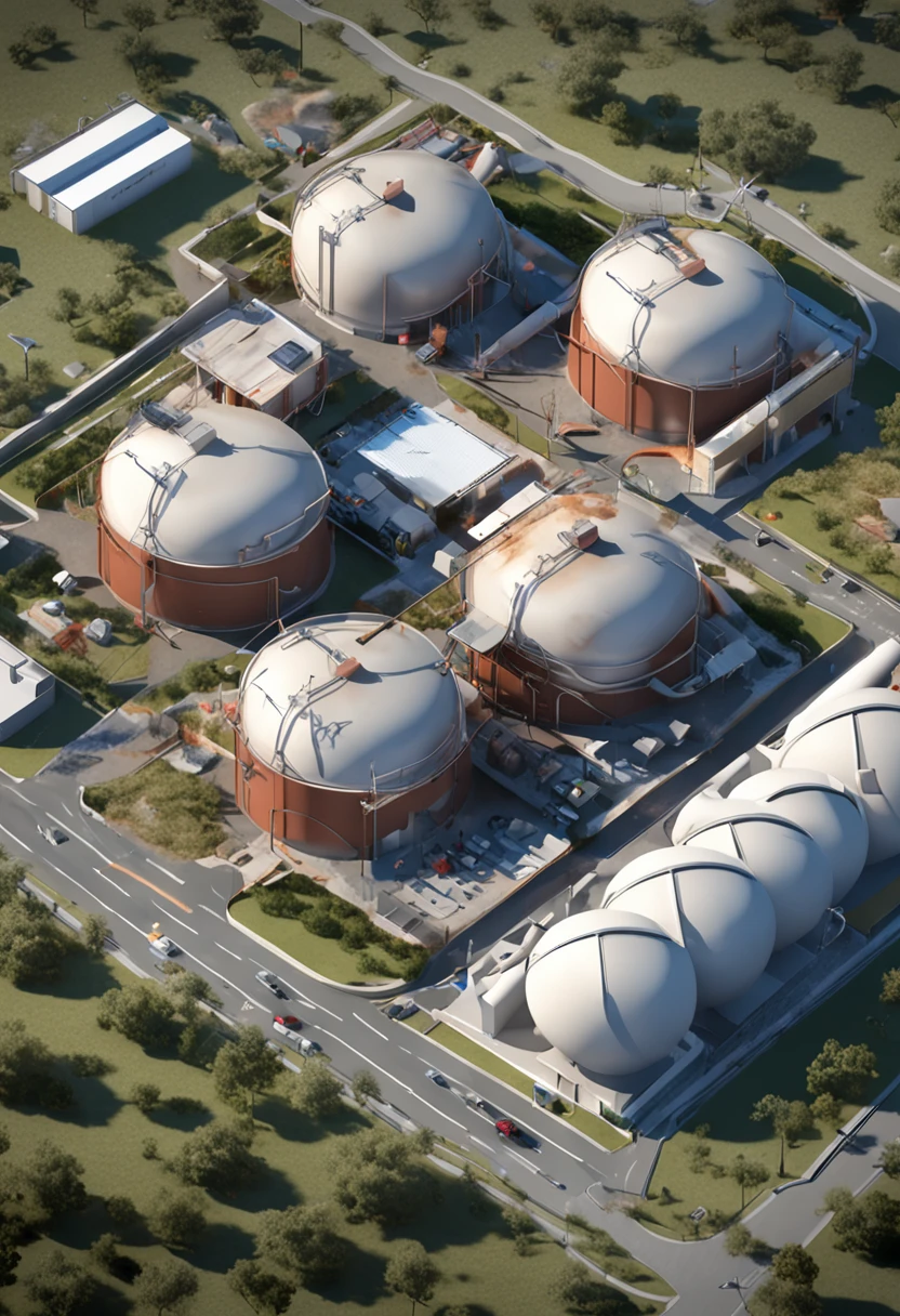 architectural render, Realistic rendering of a large industrial plant with many tanks, Treatment plant with circular aerobic tanks, Detailed 3D realistic illustration, Lumiun renderizar, Rendering aerial view, isometric vision, a shed in metal structure, lagoas retangulares ao redor com esgoto marrom, Grouped circular metal tanks, pequenos cubos que devem ser transformados em casas sem telhado, ruas ao redor dos elementos, grama verde baixa, High detail rendering, photo rendering, a 3D aerial photograph, digital render, renderizado, fotorrealismo mais detalhado, super detailed rendering, Processados, foto 8k super detalhada, 3D axonometric aerial view