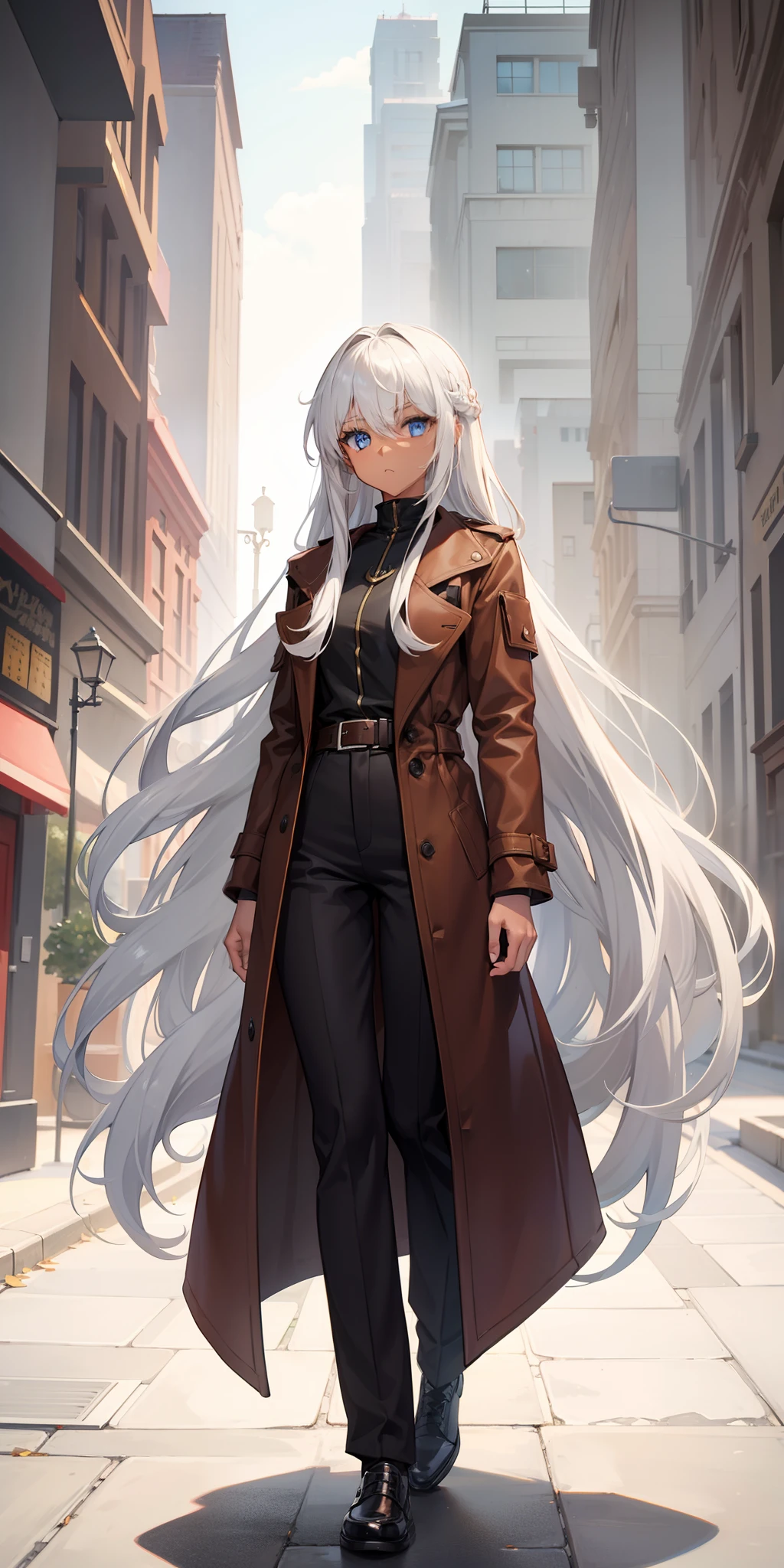 1 girl, brown skin,  coat, pants, very long hair, white hair, blue eyes, Full body, backback