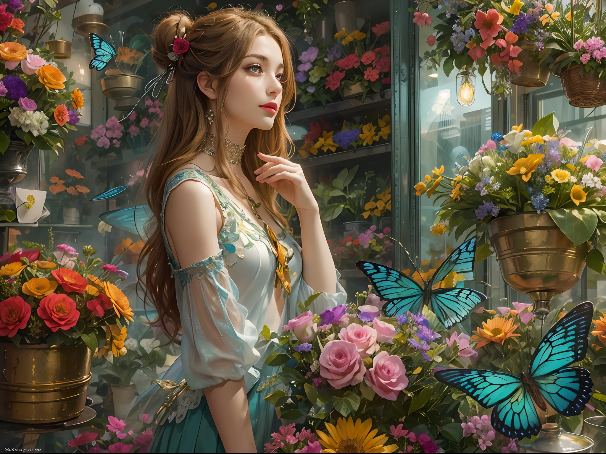 high details, best quality, 16k, RAW, [best detailed], masterpiece, best quality, (extremely detailed), full body, ultra wide shot, photorealistic, fantasy art, RPG art, D&D art, a picture of a female  fairy selling flowers in a florist shop, extremely beautifil fairy, ultra feminine (intense details, Masterpiece, best quality), best detailed face  (intense details, Masterpiece, best quality), having wide butterfly wings, spread buterfly wings (intense details, Masterpiece, best quality), colorful wings (intense details, Masterpiece, best quality), light green hair, long hair, shinning hair, flowing hair, shy smile, innocent smile, blue eyes, red lips, wearing bright skirt, dynamic elegant shirt, chocker, wearing high heels, in flower shop (intense details, Masterpiece, best quality), extreme many flowers (intense details, Masterpiece, best quality), colorful flowers (intense details, Masterpiece, best quality), flower shop in a modern era street, High Detail, Ultra High Quality, High Resolution, 16K Resolution, Ultra HD Pictures, 3D rendering Ultra Realistic, Clear Details, Realistic Detail, Ultra High Definition