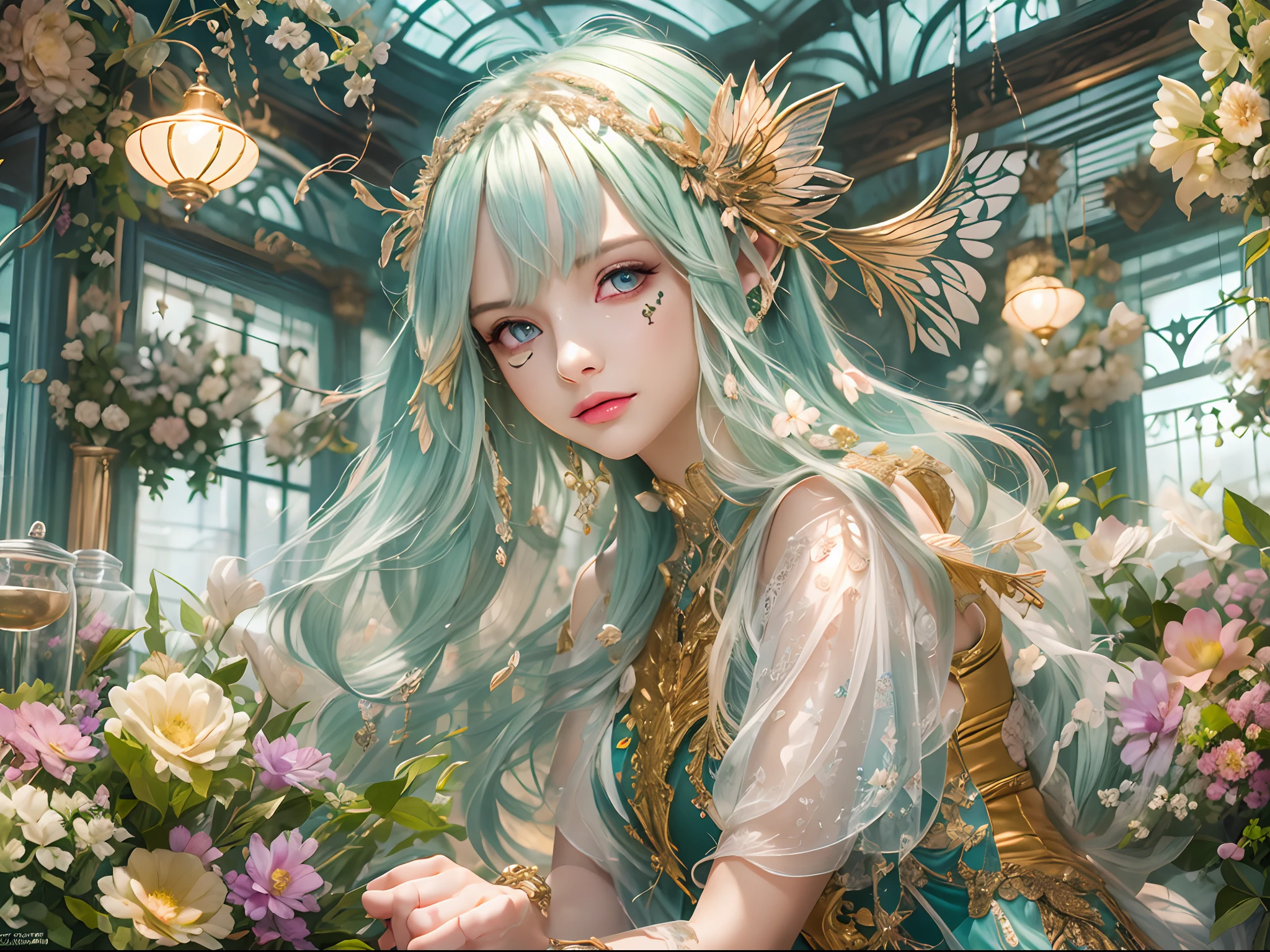 high details, best quality, 16k, RAW, [best detailed], masterpiece, best quality, (extremely detailed), full body, ultra wide shot, photorealistic, fantasy art, RPG art, D&D art, a picture of a female  fairy selling flowers in a florist shop, extremely beautifil fairy, ultra feminine (intense details, Masterpiece, best quality), best detailed face  (intense details, Masterpiece, best quality), having wide butterfly wings, spread buterfly wings (intense details, Masterpiece, best quality), colorful wings (intense details, Masterpiece, best quality), light green hair, long hair, shinning hair, flowing hair, shy smile, innocent smile, blue eyes, red lips, wearing bright skirt, dynamic elegant shirt, chocker, wearing high heels, in flower shop (intense details, Masterpiece, best quality), extreme many flowers (intense details, Masterpiece, best quality), colorful flowers (intense details, Masterpiece, best quality), flower shop in a modern era street, High Detail, Ultra High Quality, High Resolution, 16K Resolution, Ultra HD Pictures, 3D rendering Ultra Realistic, Clear Details, Realistic Detail, Ultra High Definition