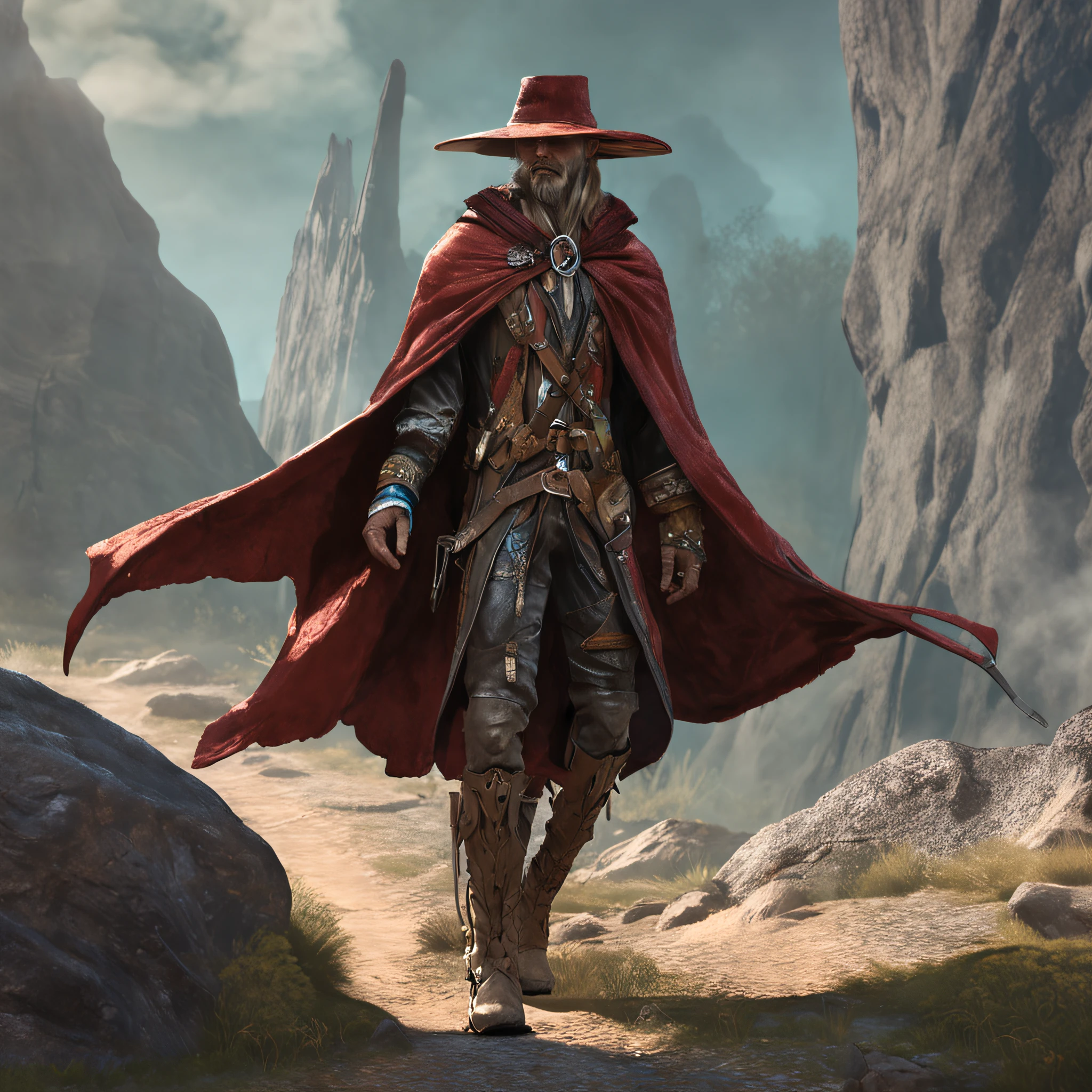 A high elf, gunslinger, wearing a cloak of the hide of a slain monster, with a duster hat, kind of like a cowboy, but in the d&d world
