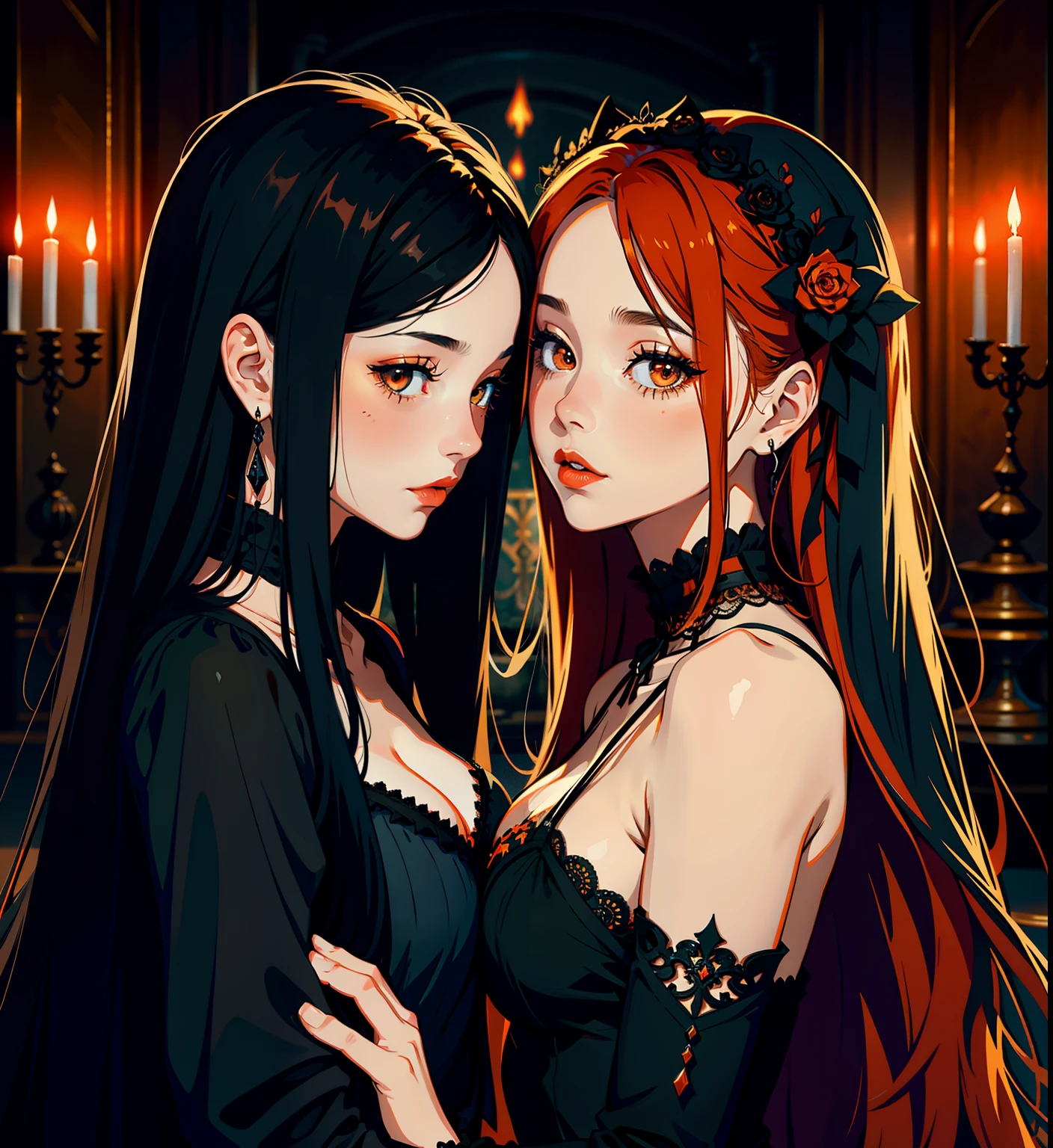 adesivo, fundo simples, portrait, 2 girls, couple, kissing, girl with long hair, beautiful gothic girl, gothic aesthetic, beautiful girl, very beautiful fantasy art, beautiful and elegant female gothic, beautiful detailed fantasy, black and orange color palate, orange color-theme