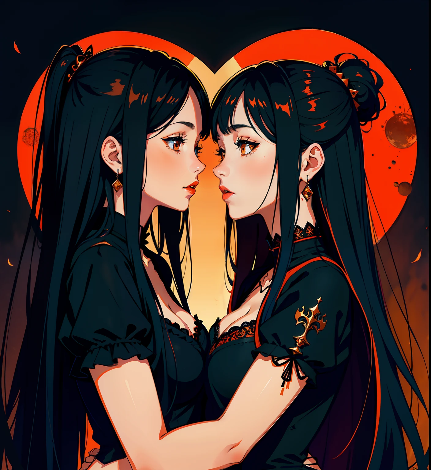 adesivo, fundo simples, portrait, 2 girls, couple, kissing, girl with long hair, beautiful gothic girl, gothic aesthetic, beautiful girl, very beautiful fantasy art, beautiful and elegant female gothic, beautiful detailed fantasy, black and orange color palate, orange color-theme