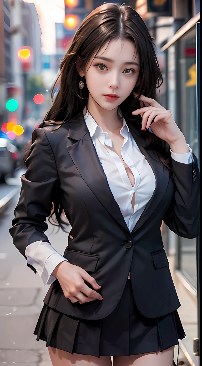 best quality, masterpiece, 1girl, Beautiful face, (photo realistic:1.3), rim lighting, (high detailed skin:1.2), 8k uhd, dslr, high quality, high resolution, 4k, 8k, Bokeh, absurdres, best ratio four finger and one thumb, (realistic:1.3), cute 1girl, wearing black formal blazer, medium breasts, short skirt,
