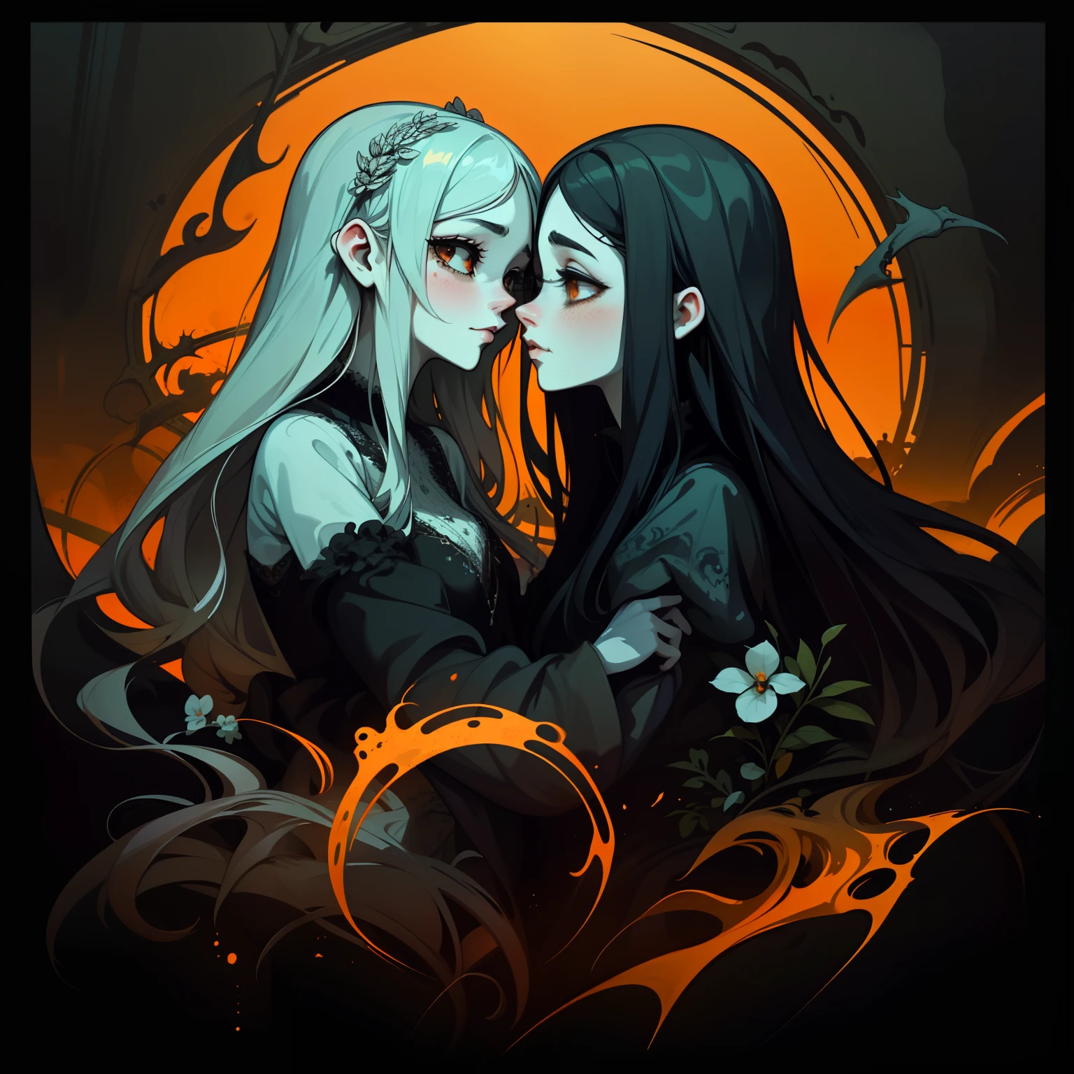 adesivo, fundo simples, portrait, 2 girls, couple, kissing, girl with long hair, beautiful gothic girl, gothic aesthetic, beautiful girl, very beautiful fantasy art, beautiful and elegant female gothic, beautiful detailed fantasy, black and orange color palate, orange color-theme