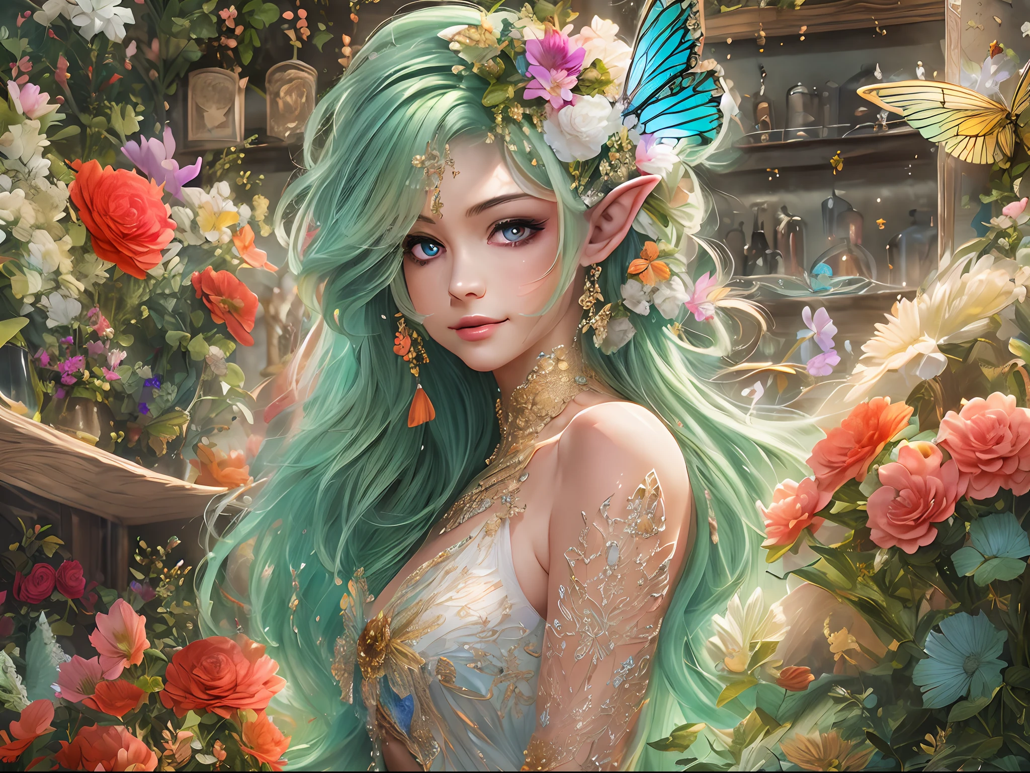 high details, best quality, 16k, RAW, [best detailed], masterpiece, best quality, (extremely detailed), full body, ultra wide shot, photorealistic, fantasy art, RPG art, D&D art, a picture of a female  fairy selling flowers in a florist shop, extremely beautifil fairy, ultra feminine (intense details, Masterpiece, best quality), best detailed face  (intense details, Masterpiece, best quality), having wide butterfly wings, spread buterfly wings (intense details, Masterpiece, best quality), colorful wings (intense details, Masterpiece, best quality), light green hair, long hair, shinning hair, flowing hair, shy smile, innocent smile, blue eyes, red lips, wearing bright skirt, dynamic elegant shirt, chocker, wearing high heels, in flower shop (intense details, Masterpiece, best quality), extreme many flowers (intense details, Masterpiece, best quality), colorful flowers (intense details, Masterpiece, best quality), flower shop in a modern era street, High Detail, Ultra High Quality, High Resolution, 16K Resolution, Ultra HD Pictures, 3D rendering Ultra Realistic, Clear Details, Realistic Detail, Ultra High Definition