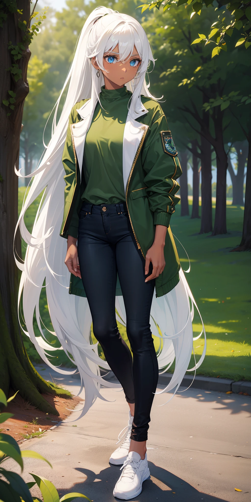 1 girl, brown skin, Green jacket, white t-shirt, Black jeans, very long hair, white hair, blue eyes, Full body, backback