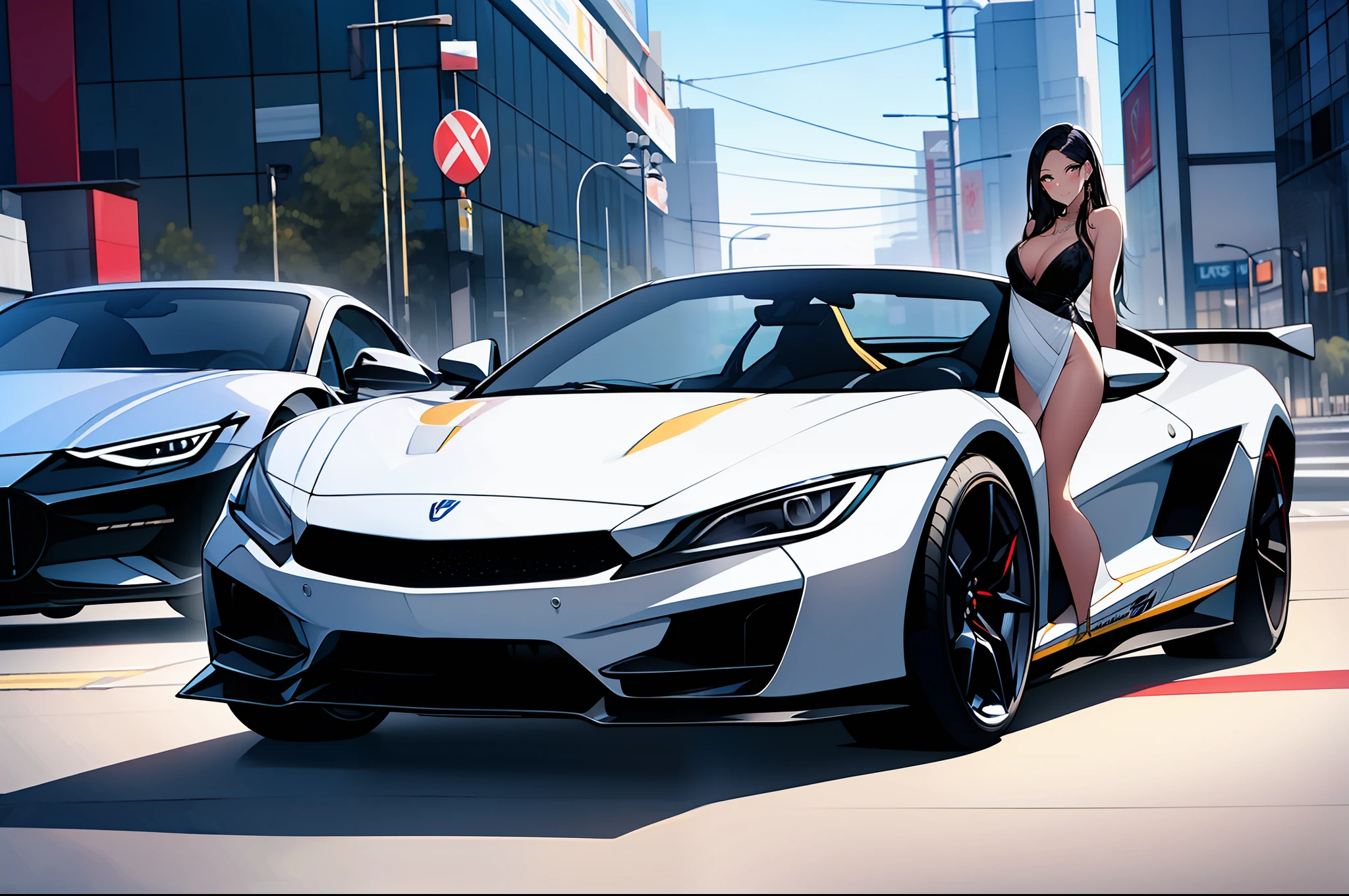 (obra maestra) (La mejor calidad) A beautiful young woman travels in a hypersports car with high displacement and beautiful lines.. La chica es muy bonita y lleva un vestido glamoroso y juvenil, Pero tiene un aspecto rebelde con tatuajes y cadenas de oro alrededor de su cuello.. El coche se ve perfecto y es de un estilo de lujo italiano moderno en la gama de coches hiperdeportivos.. They're parked on a Hollywood street of luxury shopping. Perfect professional photography. High-end DSLR camera.