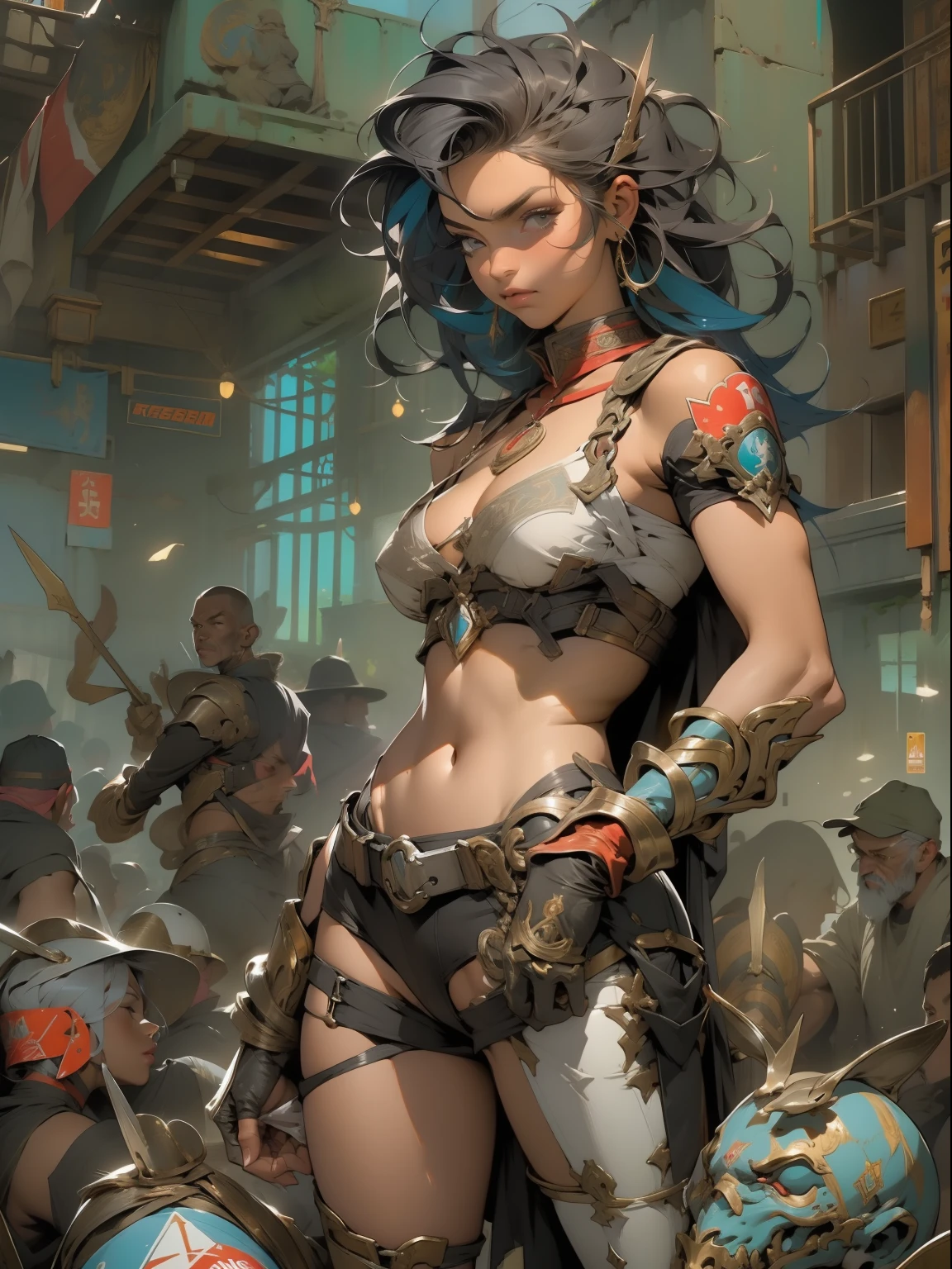 (((female))), (((best quality))), (((master part))), (((adulto))), Uma mulher guerreira de 35 anos com corpo perfeito, Gladiadores do Brooklyn, hand with steel gloves and metal tips, (( sob os peitos )), (( Tiny floss )), quase nu no estilo urbano selvagem de Simon Bisley para o 2000 A.d. capa de revista, cabelos brancos com mechas coloridas, Minimum clothing, armadura (roupas feitas a partir da bandeira da Alemanha ), cheio de pontas e rebites manchados de tinta, Tatuagem de estrela de 5 pontas, (((corpo inteiro))), cabelo preto curto com franja branca cobrindo a testa