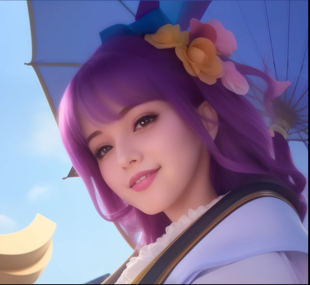 there is a woman with purple hair and a purple umbrella, Beautiful, 1girl, purple hair, brown eye, face detail, pink lips, smiled mouth, cute face, extremely quality, best quality, 32K, 8K, ultra HD, smile, very beautiful, realistic, thin lips, beautiful smile, perfect smile
