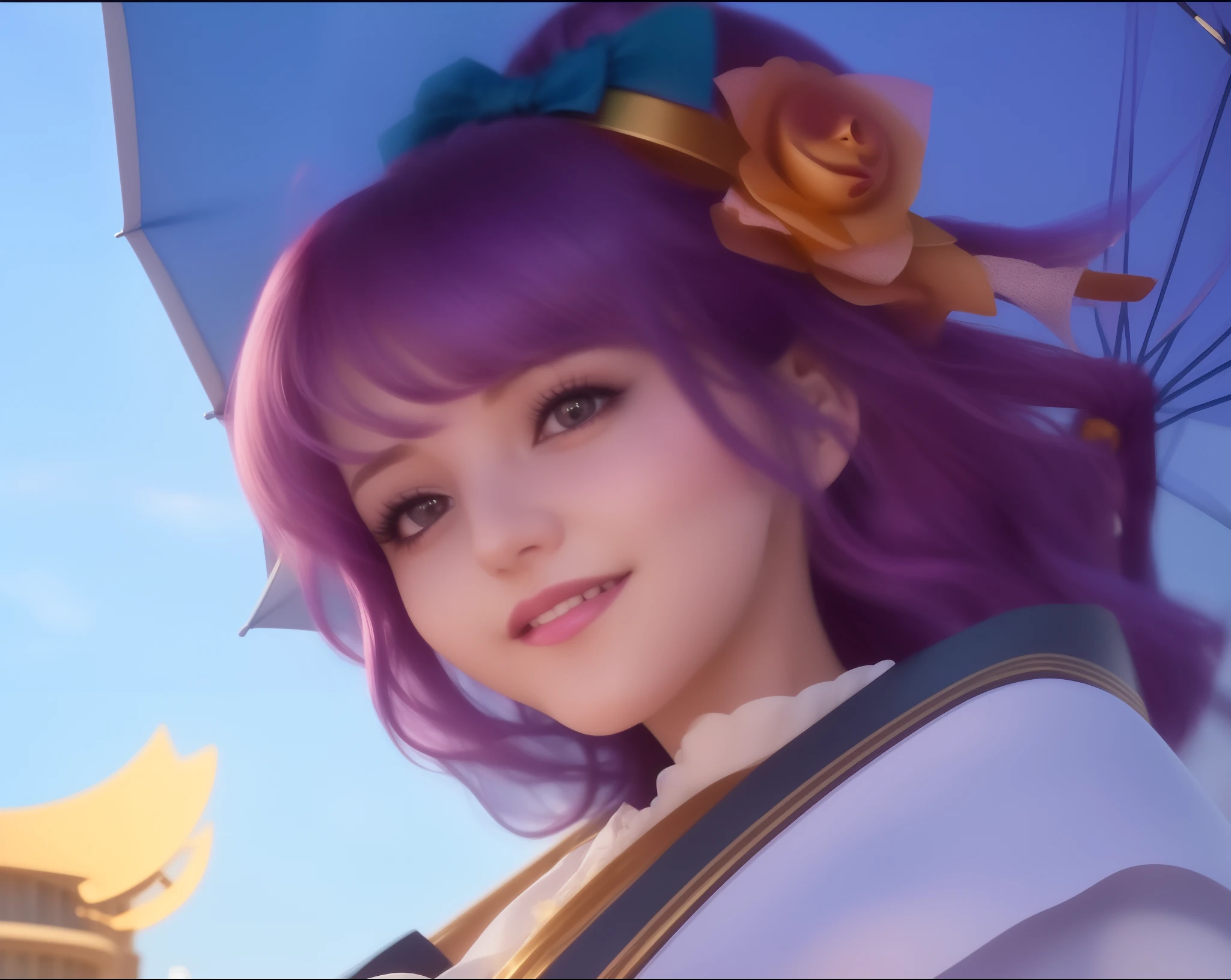 there is a woman with purple hair and a purple umbrella, Beautiful, 1girl, purple hair, brown eye, face detail, pink lips, smiled mouth, cute face, extremely quality, best quality, 32K, 8K, ultra HD, smile, very beautiful, realistic, thin lips