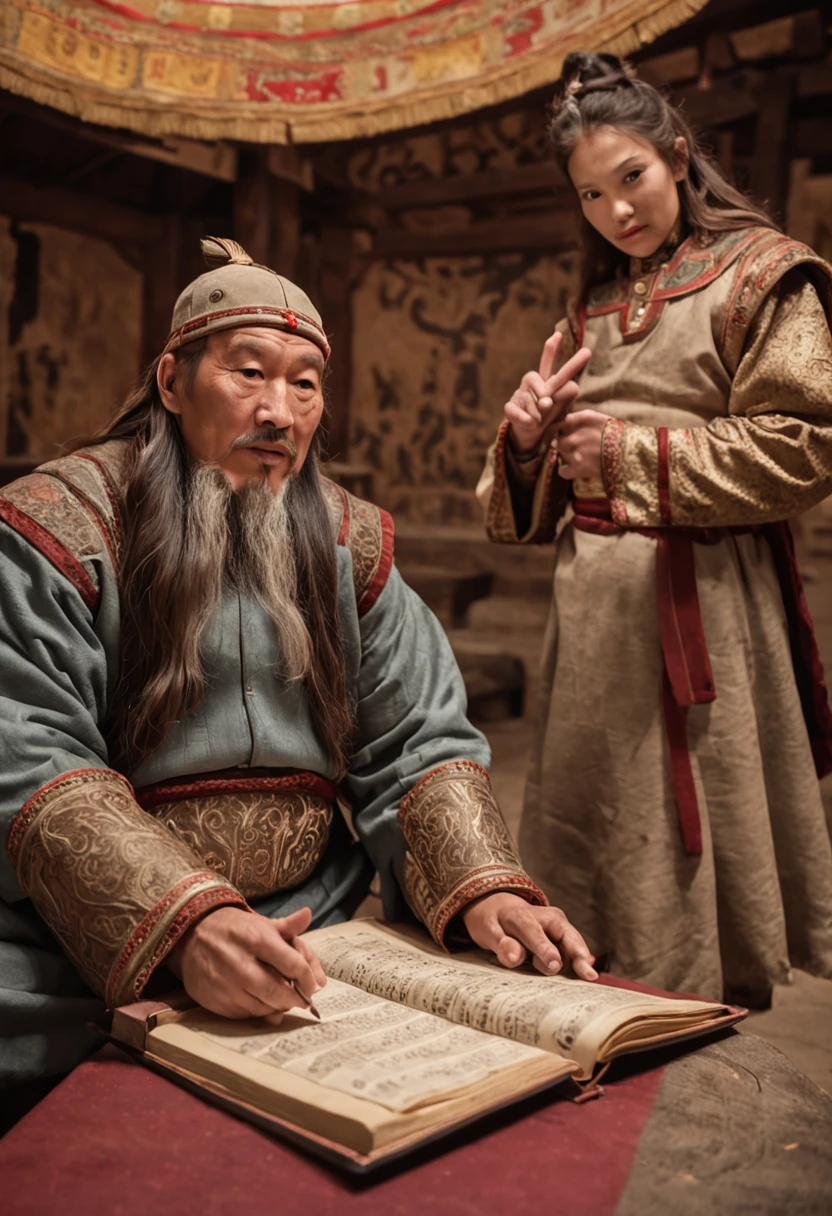 Ilustre Genghis Khan e um rei aliado discutindo os detalhes do casamento. Show Genghis Khan pointing to a scroll where the conditions are written, while the daughters watch with expectant expressions, 4k , Foto realista, Ultra realista, Foto real, Fotografia Pramiada, ultra hd