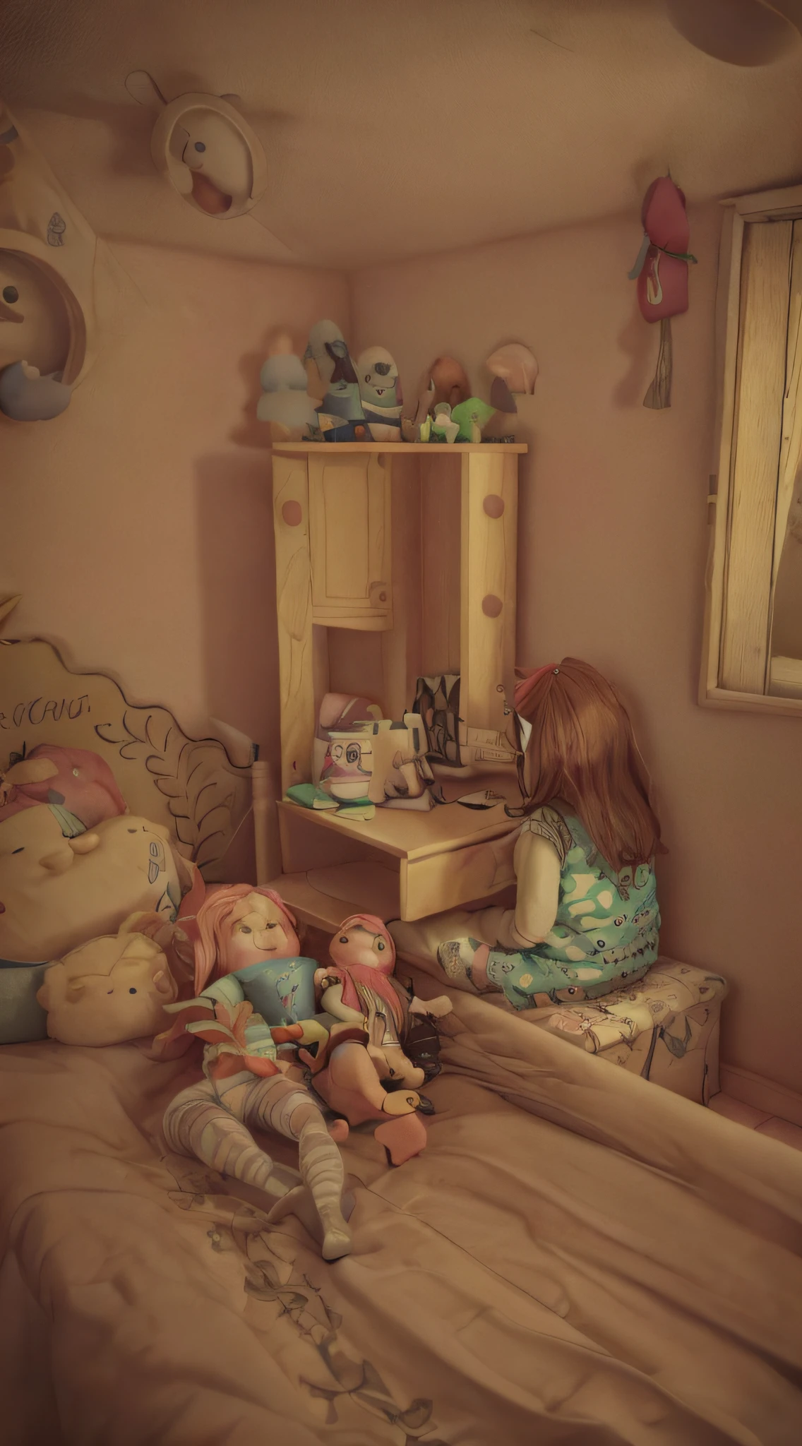 There is a girl sitting on a bed with her doll, no quarto em um sleepover, em seu quarto, sentada em seu quarto, Quarto da menina, se olha no espelho, inside a child's bedroom, maquiar, casa de bonecas, posando em um quarto, several dolls in one photo, no meu quarto, by Amelia Peláez