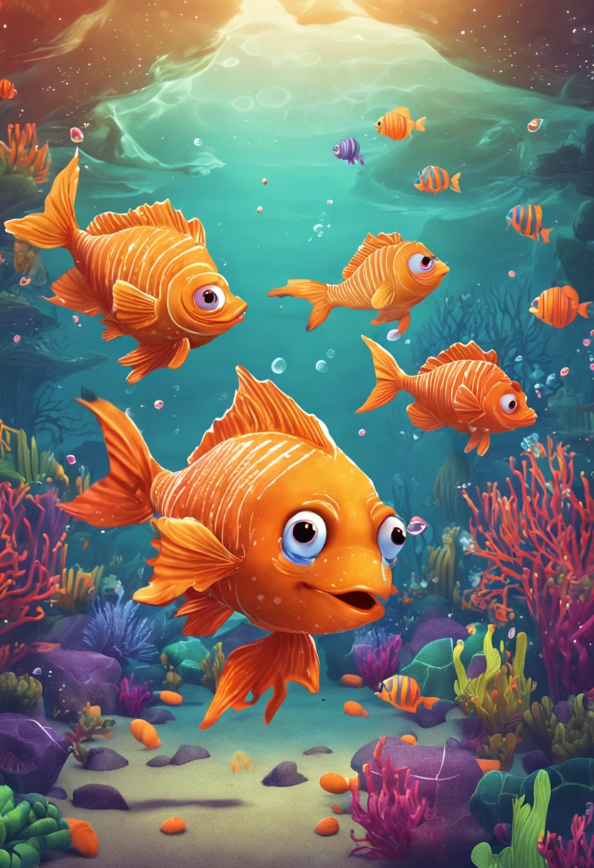 um peixinho laranja nadando entre corais coloridos.]