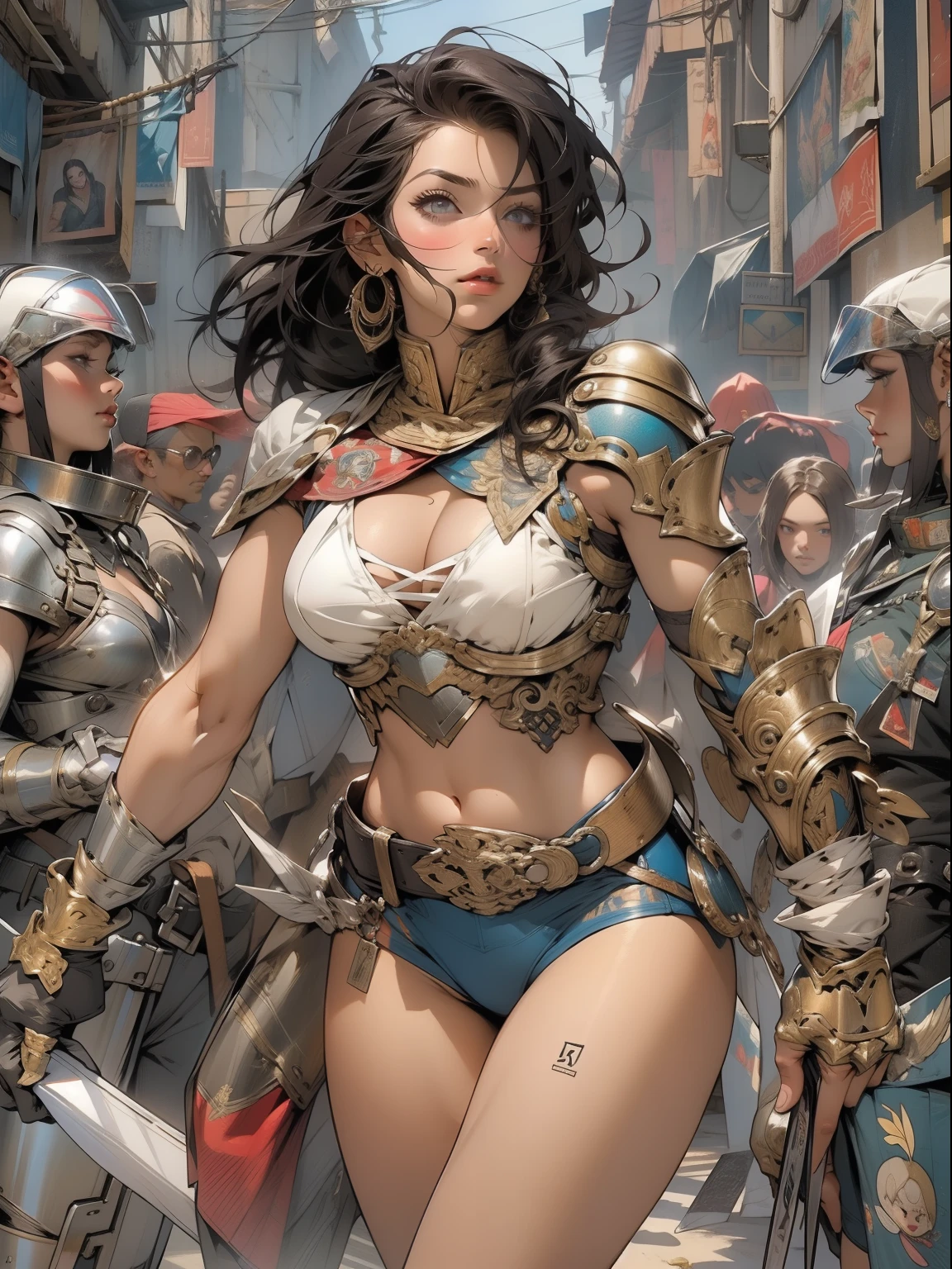 (((female))), (((best quality))), (((master part))), (((adulto))), Uma mulher guerreira de 35 anos com corpo perfeito, Gladiadores do Brooklyn, hand with steel gloves and metal tips, (( sob os peitos )), (( Tiny floss )), quase nu no estilo urbano selvagem de Simon Bisley para o 2000 A.d. capa de revista, cabelos brancos com mechas coloridas, Minimum clothing, armadura (roupas feitas a partir da bandeira da Alemanha ), cheio de pontas e rebites manchados de tinta, Tatuagem de estrela de 5 pontas, (((corpo inteiro))), cabelo preto curto com franja branca cobrindo a testa