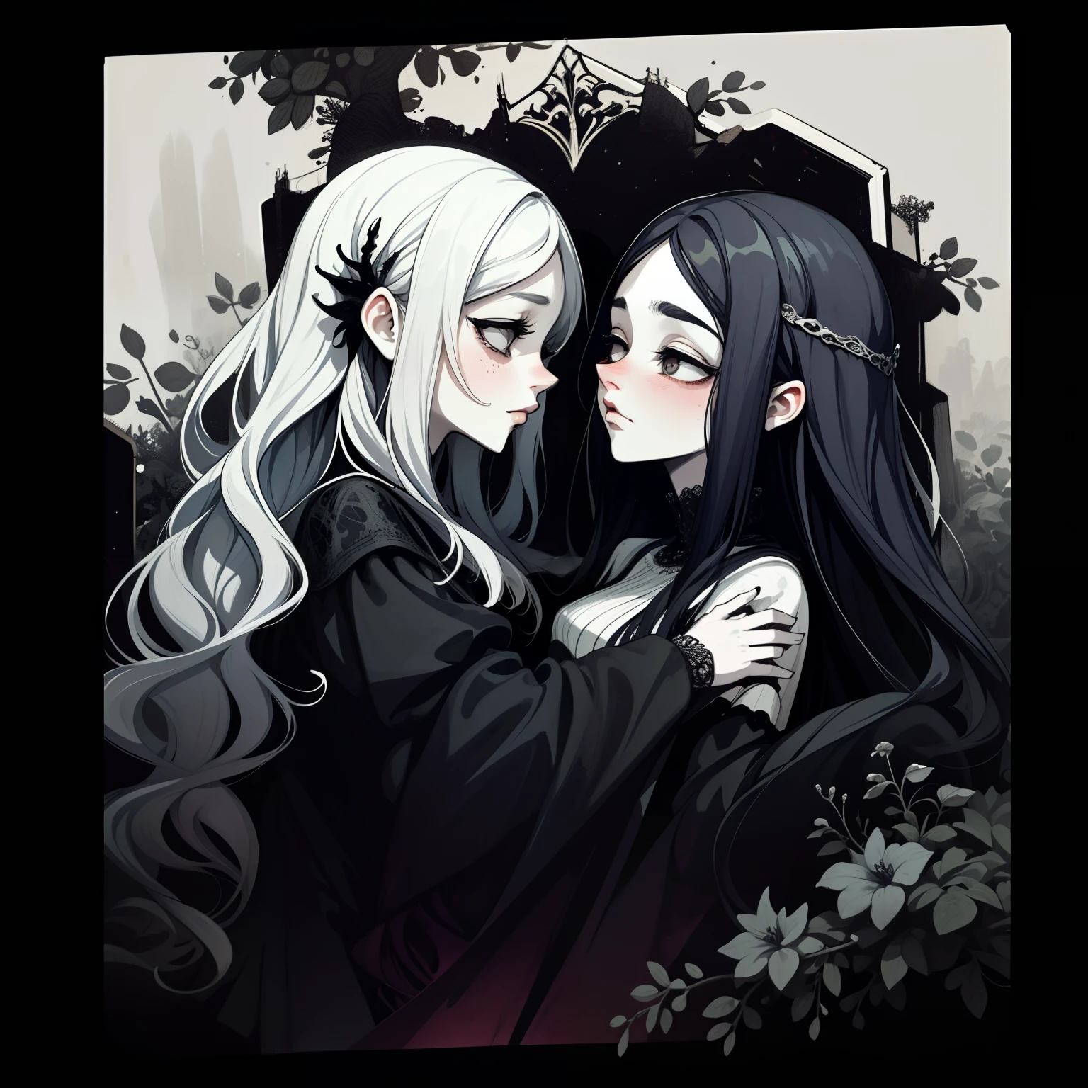 adesivo, fundo simples, portrait, 2 girls, couple, kissing, girl with long hair, beautiful gothic girl, gothic aesthetic, beautiful girl, very beautiful fantasy art, beautiful and elegant female gothic, beautiful detailed fantasy, black and silver color palate, silver color-theme