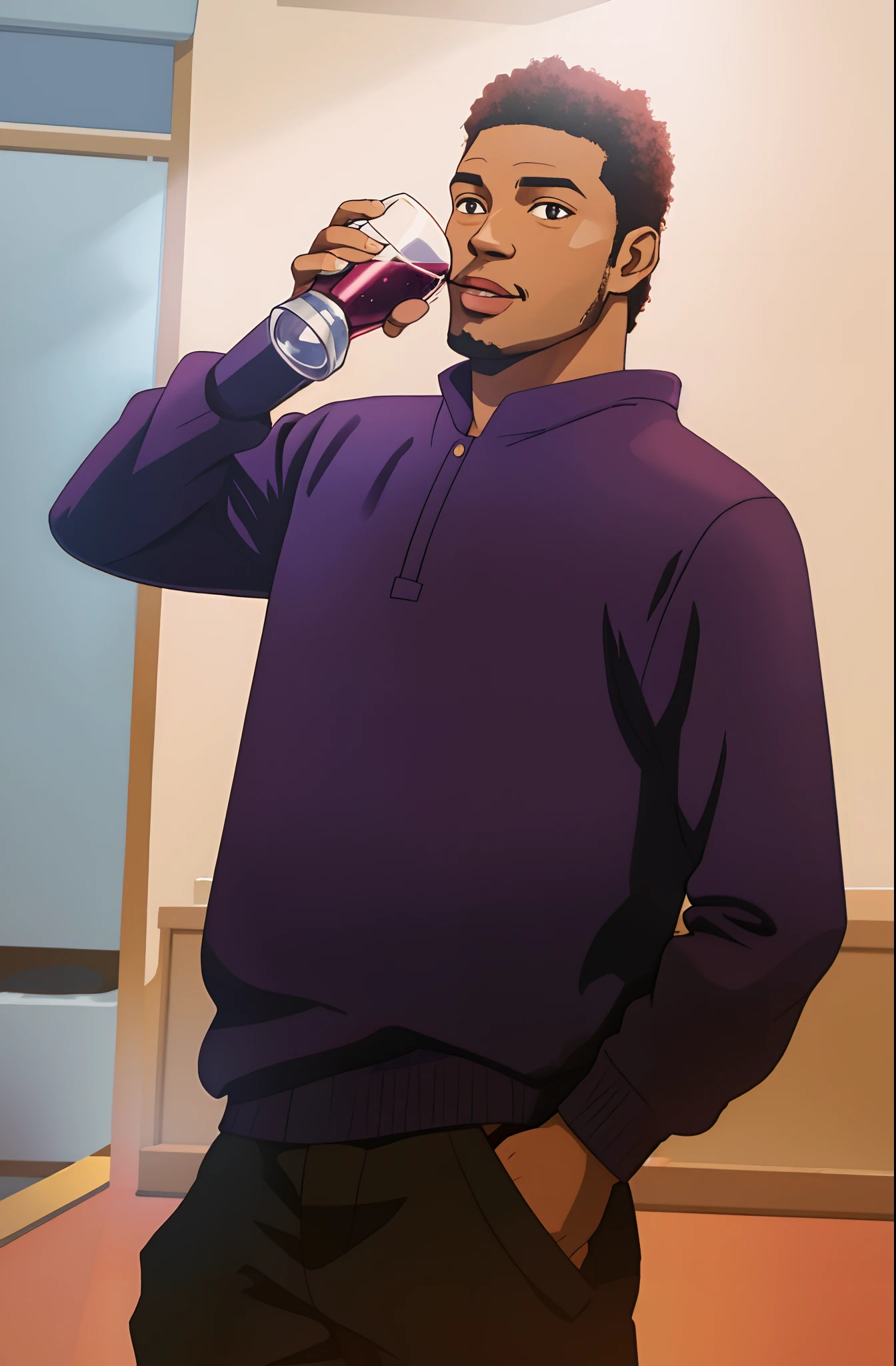 turn exactly this photo to cartoon style, black man, drink wine, drinking, show drink wine