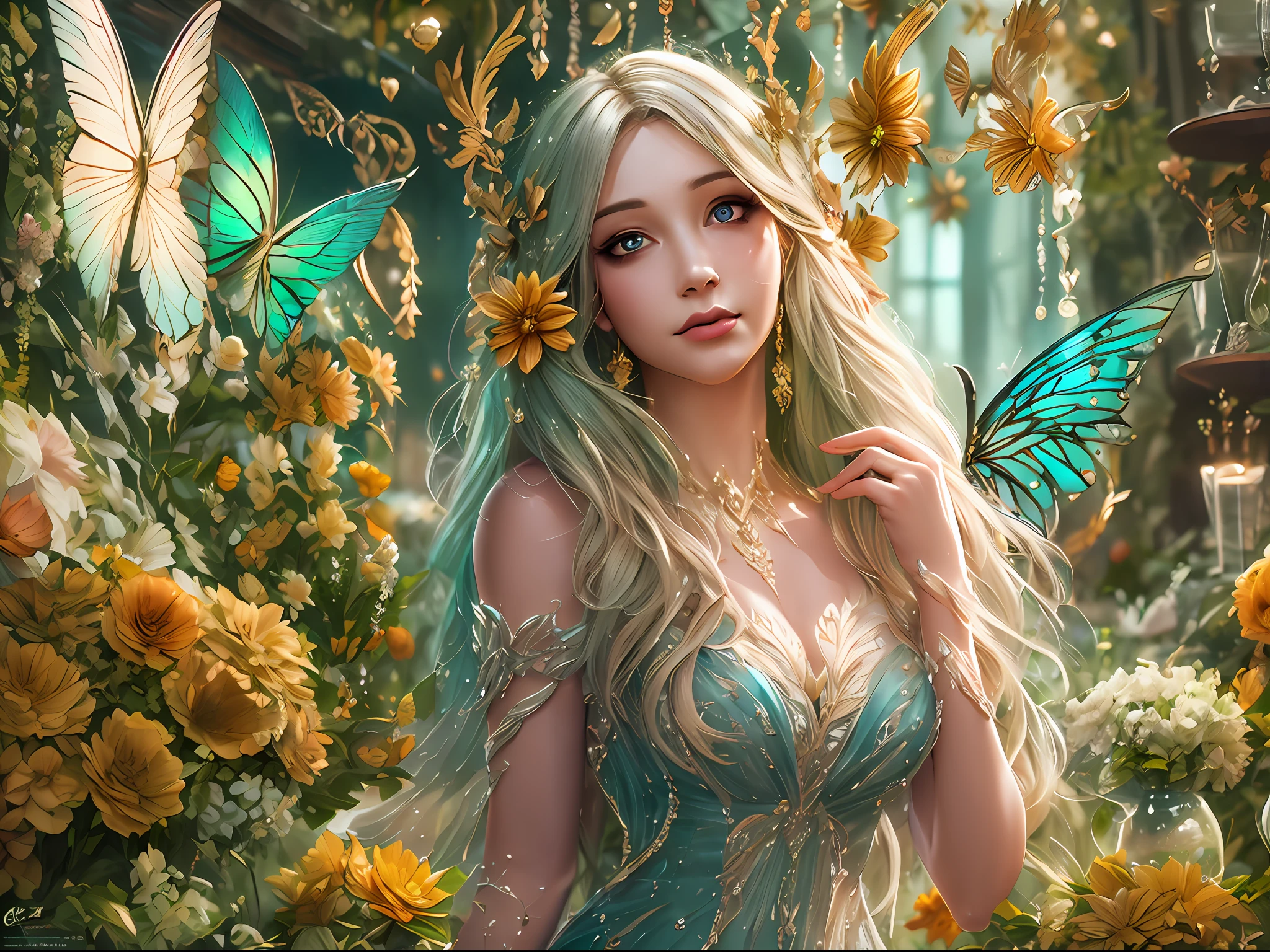 high details, best quality, 16k, RAW, [best detailed], masterpiece, best quality, (extremely detailed), full body, ultra wide shot, photorealistic, fantasy art, RPG art, D&D art, a picture of a female  fairy selling flowers in a florist shop, extremely beautifil fairy, ultra feminine (intense details, Masterpiece, best quality), best detailed face  (intense details, Masterpiece, best quality), having wide butterfly wings, spread buterfly wings (intense details, Masterpiece, best quality), colorful wings (intense details, Masterpiece, best quality), light green hair, long hair, shinning hair, flowing hair, shy smile, innocent smile, blue eyes, red lips, wearing bright skirt, dynamic elegant shirt, chocker, wearing high heels, in flower shop (intense details, Masterpiece, best quality), extreme many flowers (intense details, Masterpiece, best quality), colorful flowers (intense details, Masterpiece, best quality), flower shop in a modern era street, High Detail, Ultra High Quality, High Resolution, 16K Resolution, Ultra HD Pictures, 3D rendering Ultra Realistic, Clear Details, Realistic Detail, Ultra High Definition