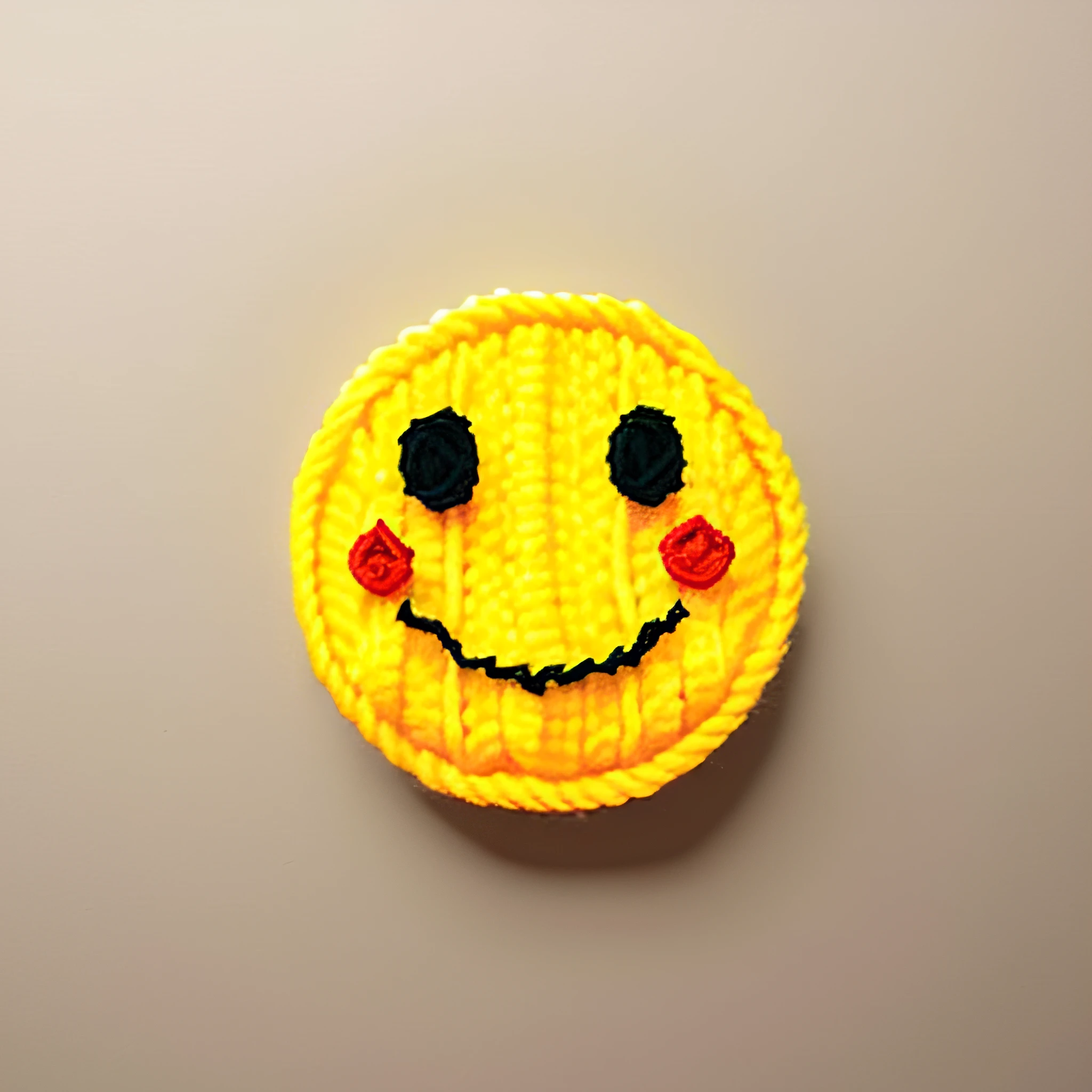 knitted from yellow yarn round happy emoji, knitted from yarn bas-relief, realistic knitted from yarn round happy emoji, knitted from yellow yarn & black yarn & red yarn emoji