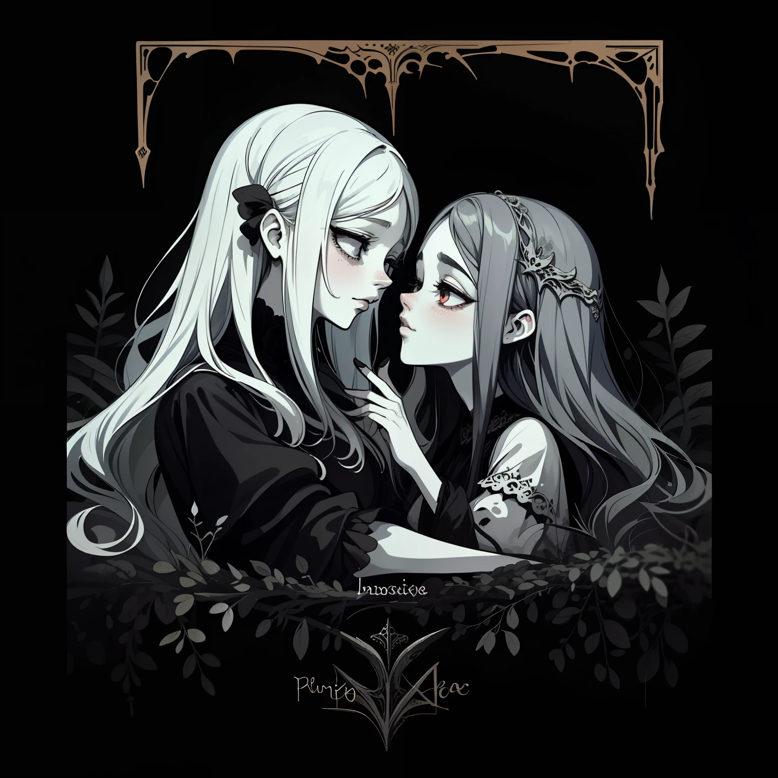 adesivo, fundo simples, portrait, 2 girls, couple, kissing, girl with long hair, beautiful gothic girl, gothic aesthetic, beautiful girl, very beautiful fantasy art, beautiful and elegant female gothic, beautiful detailed fantasy, black and silver color palate, silver color-theme