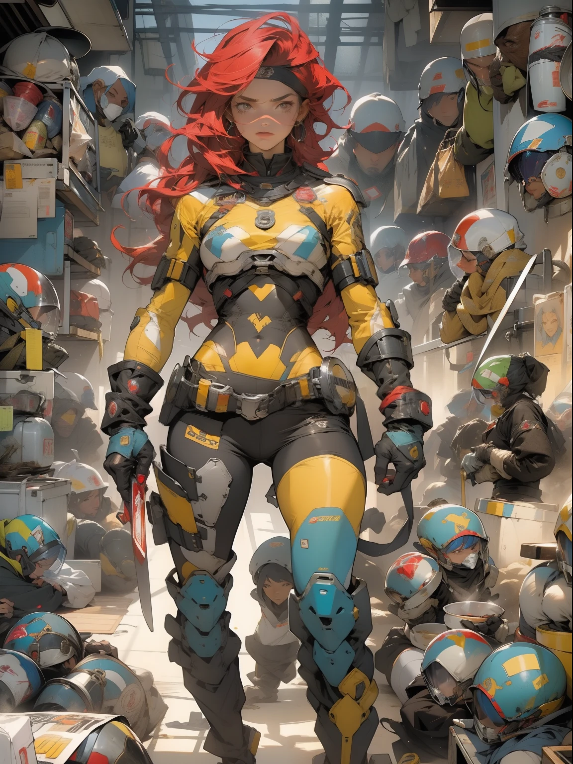 (((female))), (((best quality))), (((master part))), (((adulto))), Uma mulher guerreira de 35 anos com corpo perfeito, Gladiadores do Brooklyn, hand with steel gloves and metal tips, (( sob os peitos )), (( Tiny floss )), quase nu no estilo urbano selvagem de Simon Bisley para o 2000 A.d. capa de revista, cabelos brancos com mechas coloridas, Minimum clothing, armadura (roupas feitas a partir da bandeira da Alemanha ), cheio de pontas e rebites manchados de tinta, Tatuagem de estrela de 5 pontas, (((corpo inteiro))), cabelo preto curto com franja branca cobrindo a testa