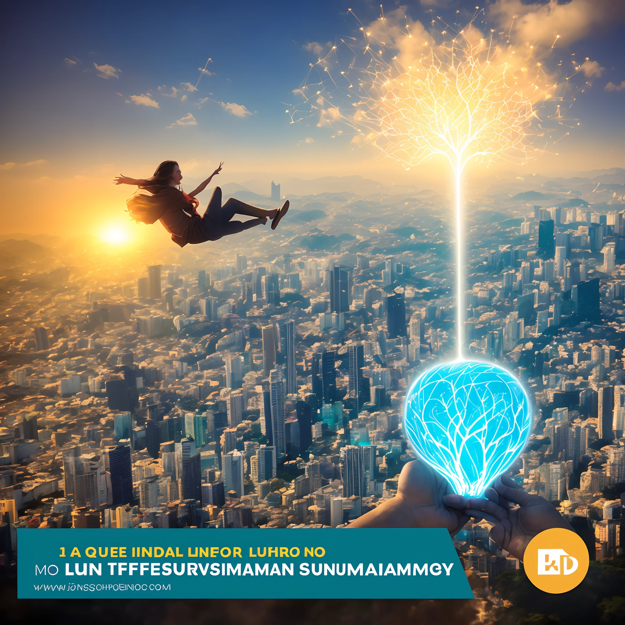 Mente segurando luz(ideia brilhante), with graphics, dinheiro, computadores, livros no fundo da imagem, remetentes a sucesso financeiro, poder, poder da mente