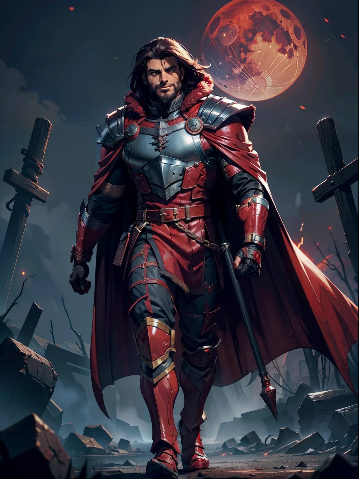 Dark night blood moon background, Darkest Dungeon style, walking. Sadurang from Marvel, hunk, buffed physics, short mane hair, mullet, defined face, detailed eyes, short beard, glowing red eyes, dark hair, wily smile, badass, dangerous. Wearing full red armor with dragon scales, cape of furs.