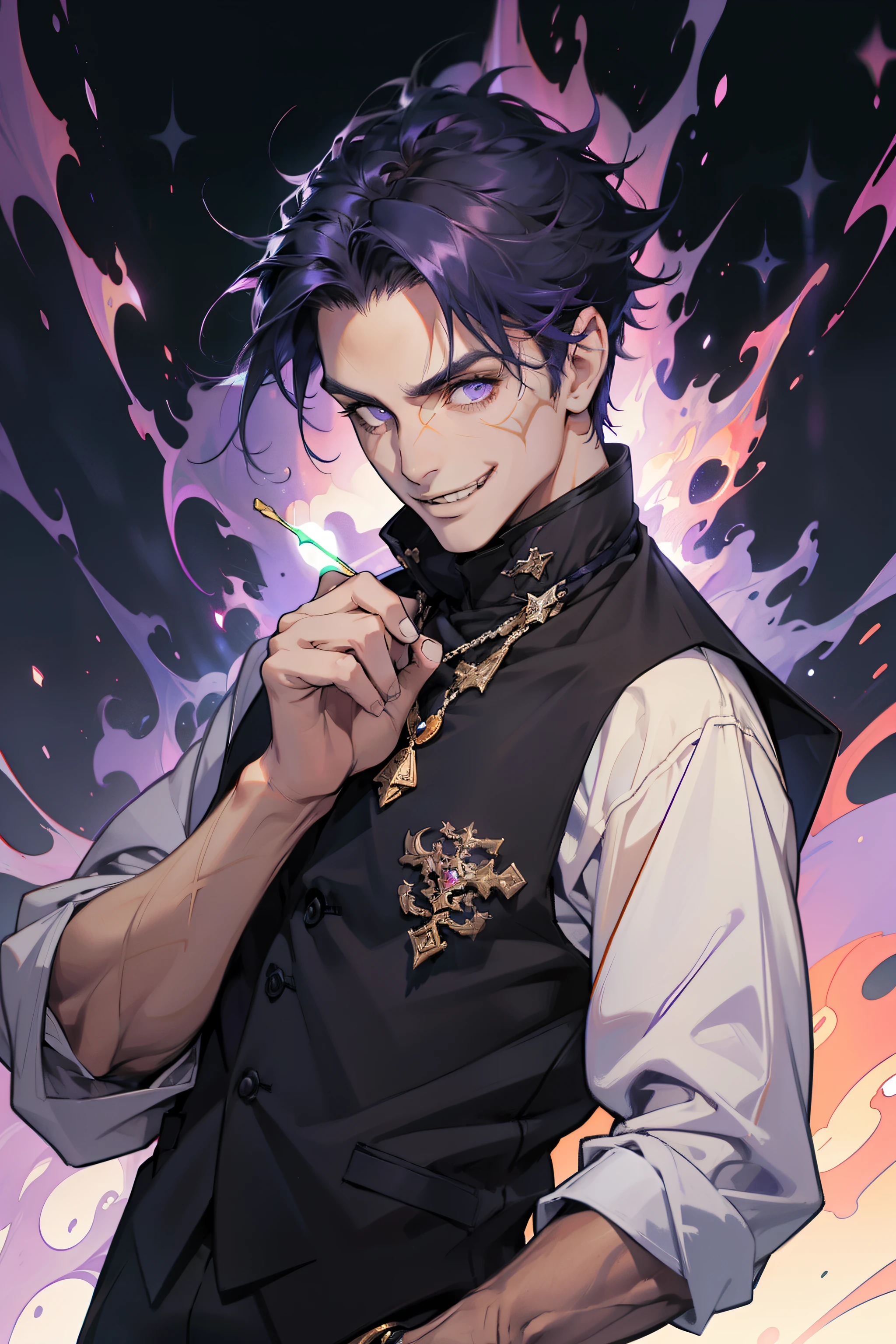 1 male, trickster clothing, medium straight hair, dark blue hair color, light brown skin, grinning, purple eyes, neat hair, loose hairstyle, skinny body, black vest, portrait, casting purple fire in hand