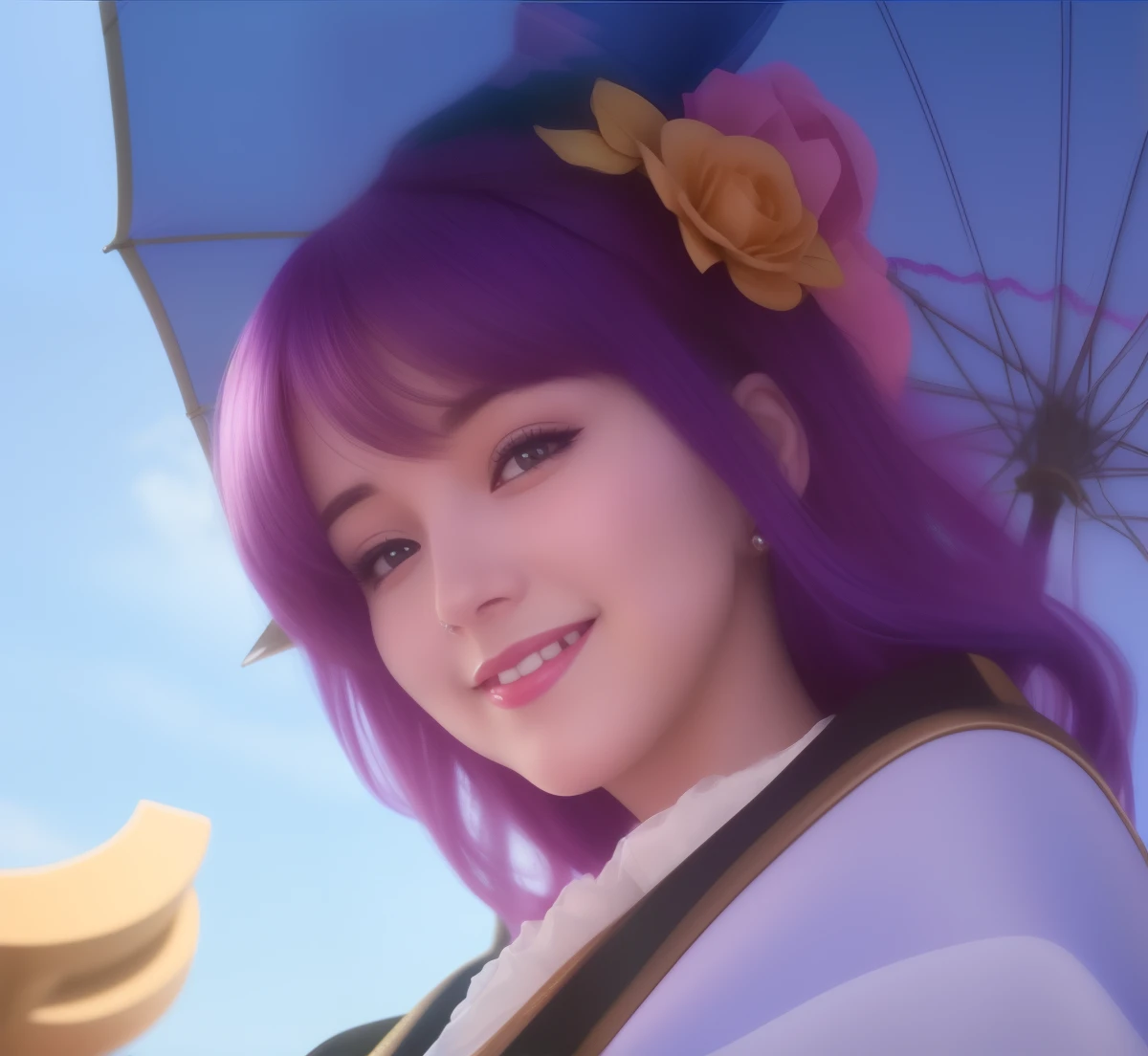 there is a woman with purple hair and a purple umbrella, Beautiful, 1girl, purple hair, brown eye, face detail, pink lips, smiled mouth, cute face, extremely quality, best quality, 32K, 8K, ultra HD, smile, very beautiful, realistic, thin lips, beautiful smile, perfect smile, extremely face detail