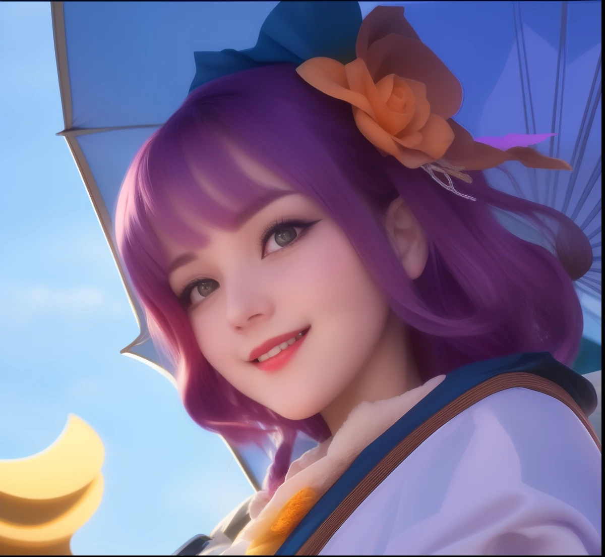 there is a woman with purple hair and a purple umbrella, Beautiful, 1girl, purple hair, red eye, face detail, red lips, smiled mouth, cute face, extremely quality, best quality, 32K, 8K, ultra HD, smile, very beautiful, realistic, thin lips, beautiful smile, perfect smile