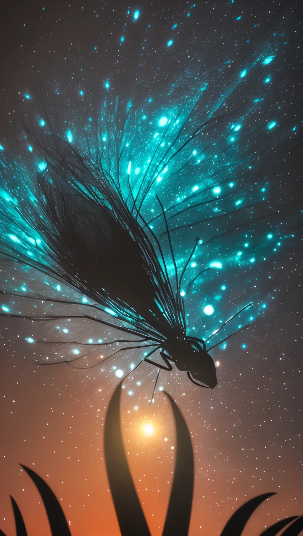Good night. An unknown, magical, huge monster smoothly flies out of the darkness, very kind, cheerful and smiling. Close-up. Professional illumination blue-orange low light. Dark blurred background. Light haze. --auto --s2