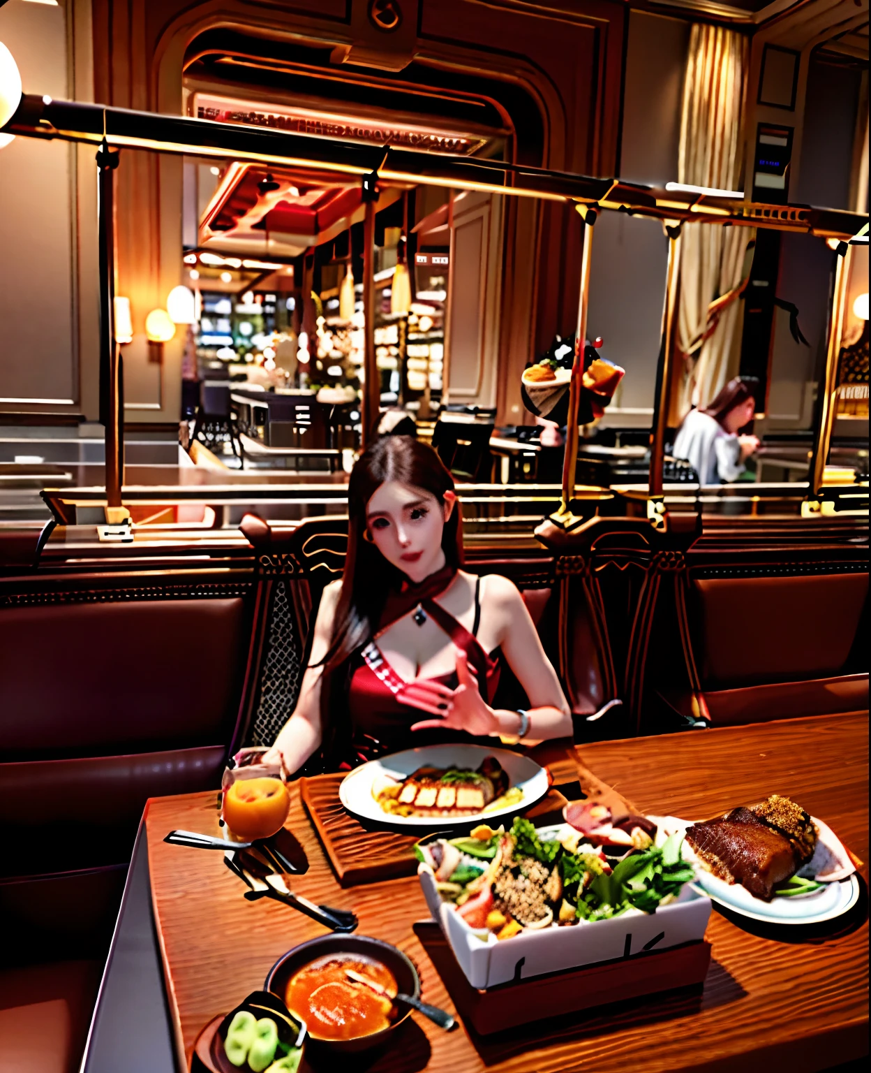 There was a woman sitting at the table，Carrying a plate of food, she is about 2 5 years old, young beautiful amouranth, belle delphine, eating meat, dilraba dilmurat, she is about 20 years old, she is about 2 0 years old, expensive restaurant, Cai Xukun, covered in organic flesh meat