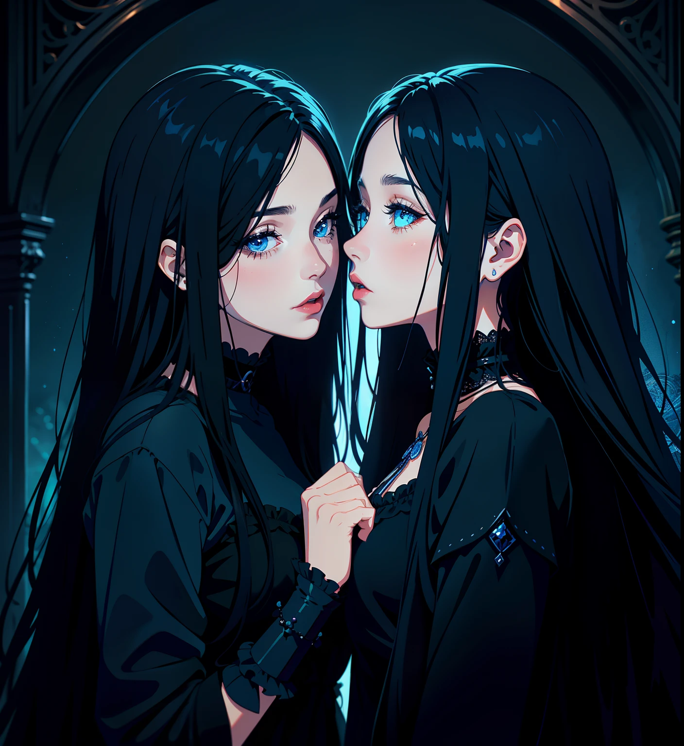 adesivo, fundo simples, portrait, 2 girls, couple, kissing, girl with long hair, beautiful gothic girl, gothic aesthetic, beautiful girl, very beautiful fantasy art, beautiful and elegant female gothic, beautiful detailed fantasy, black and blue color palate, blue color-theme