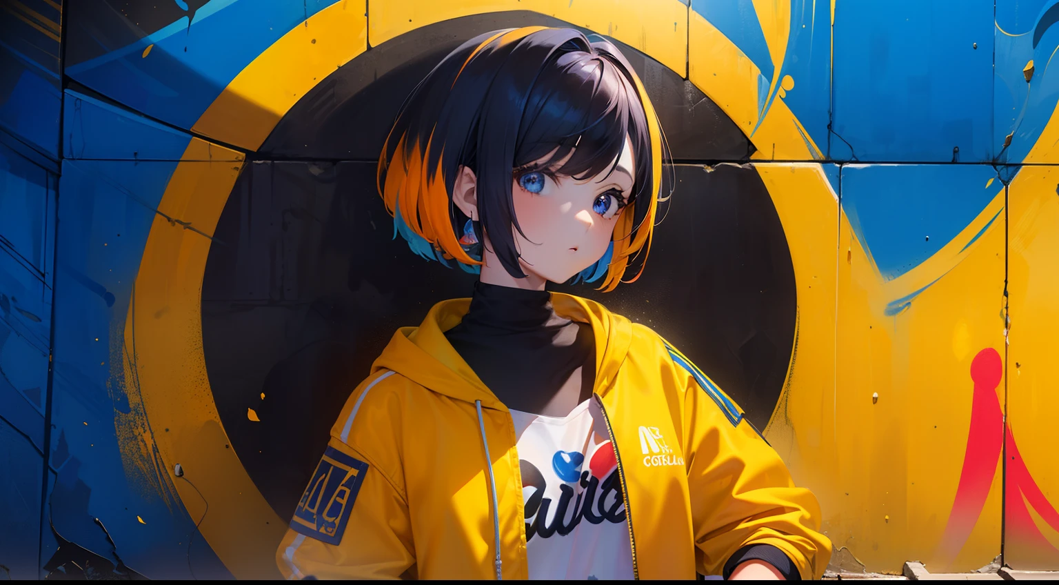 (Obra maestra, La mejor calidad, ultrahigh resolution, splendid),1girl,pelo corto, (chaqueta multicolor,chaqueta amarilla naranja azul y roja),cara hermosa y detallada, ojos detallados,in an alley, graffiti,((wallpaper))